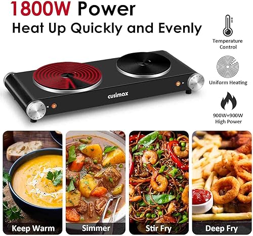 Miniatura 10 de Hot Plate,Cusimax Portable Electric Hot Plate for Cooking,1500W Countertop Single Burner, Cast Iron Stove, Concealed Handle, Temperature Controls,
