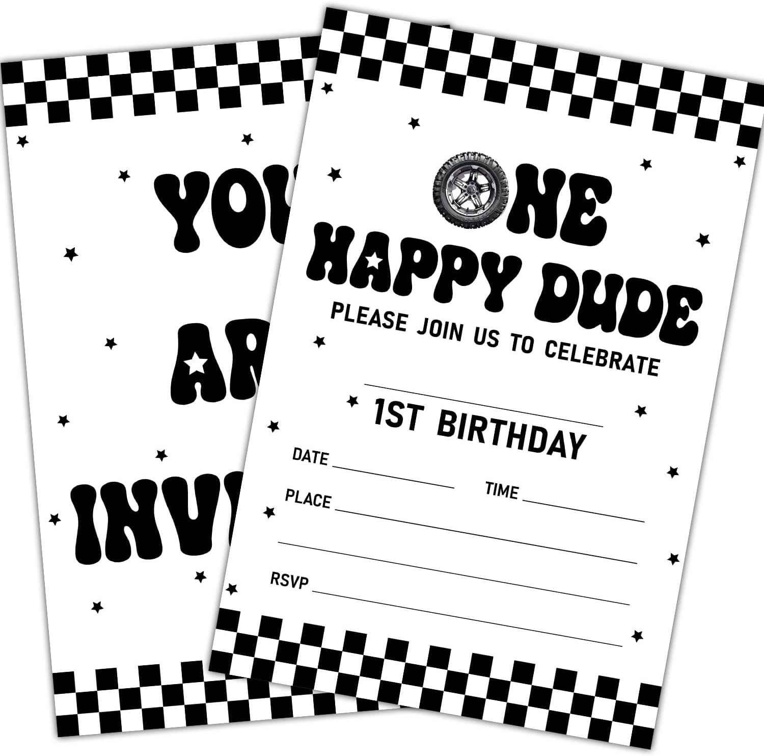 One Happy Dude 1st Birthday Party Invitation Cards — Black And White Checkerboard Birthday Invites, 20 Pieces 4x6 Inches Birthday Decorations Party Favors (with Envelopes)