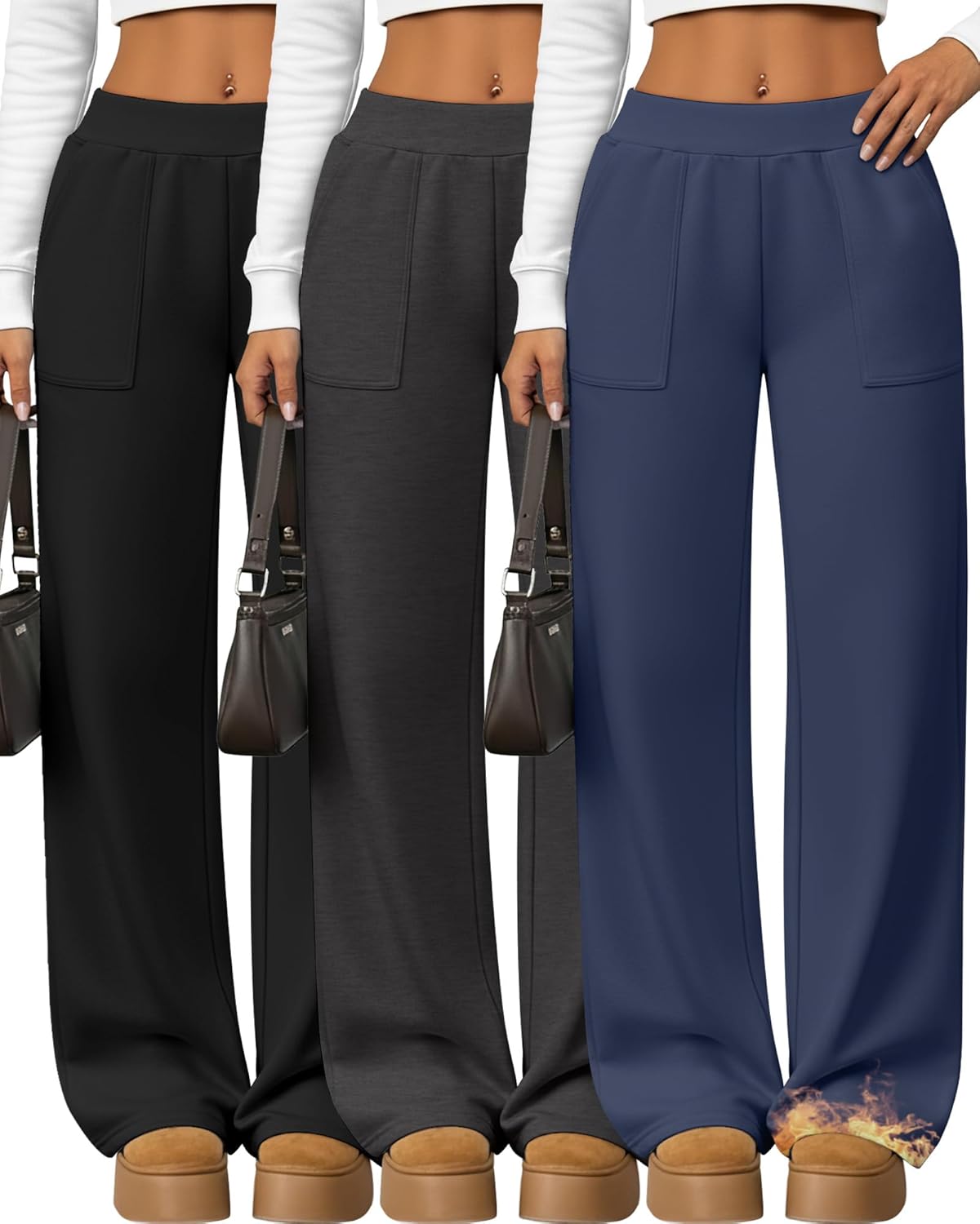 3 Pack Women's Wide Leg Baggy Sweatpants Fleece Elastic Lounge Pants with Pockets Casual Loose Yoga Jogger Pants