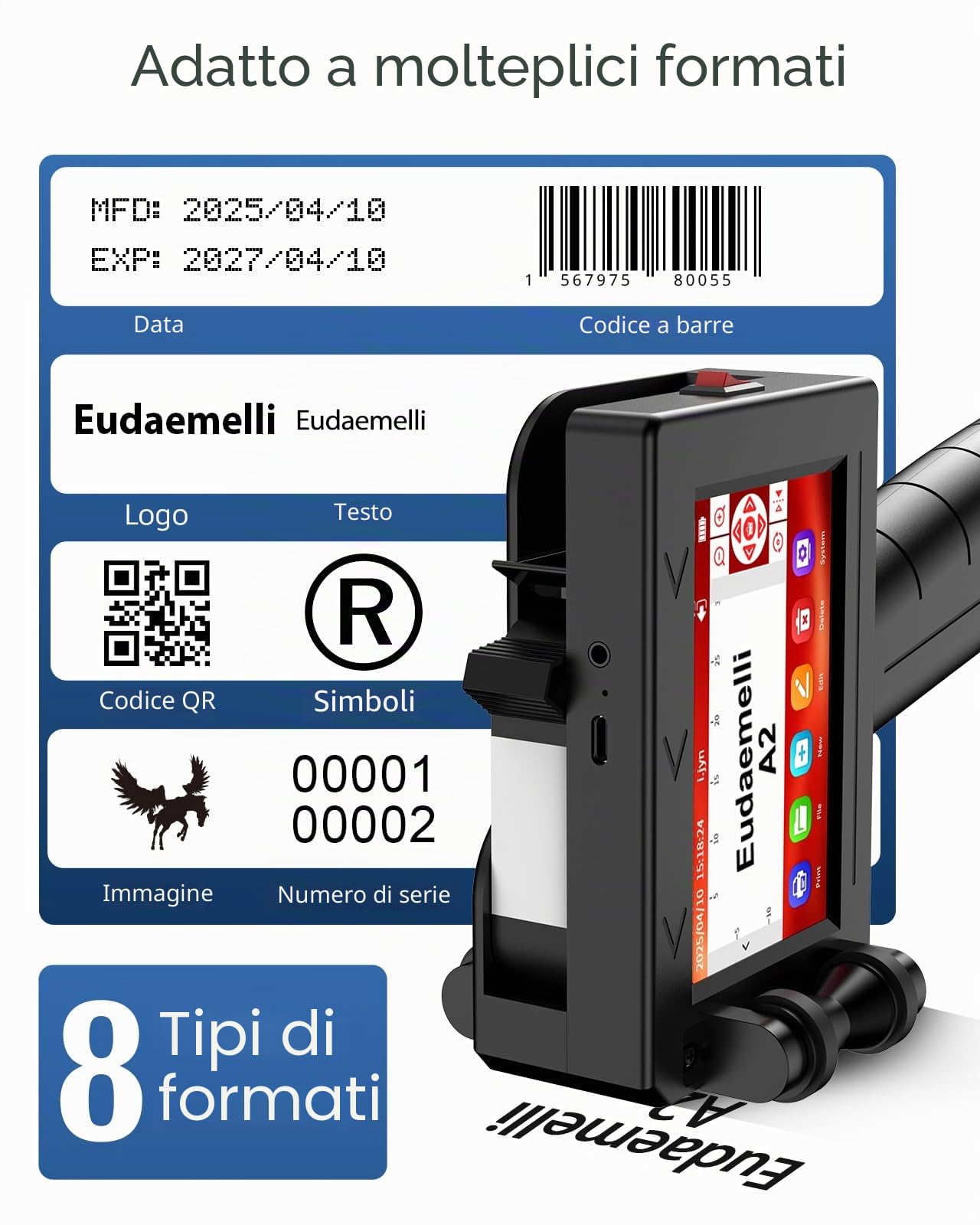 A2 Stampante Palmare Portatile,Stampante a Getto D'inchiostro con Touch Screen da 4,3 Pollici per Logo/Immagine/Data di Produzione/Numeri/Lotto/Codice QR/Codice a Barre(Altezza di stampa 2-25,4 mm)