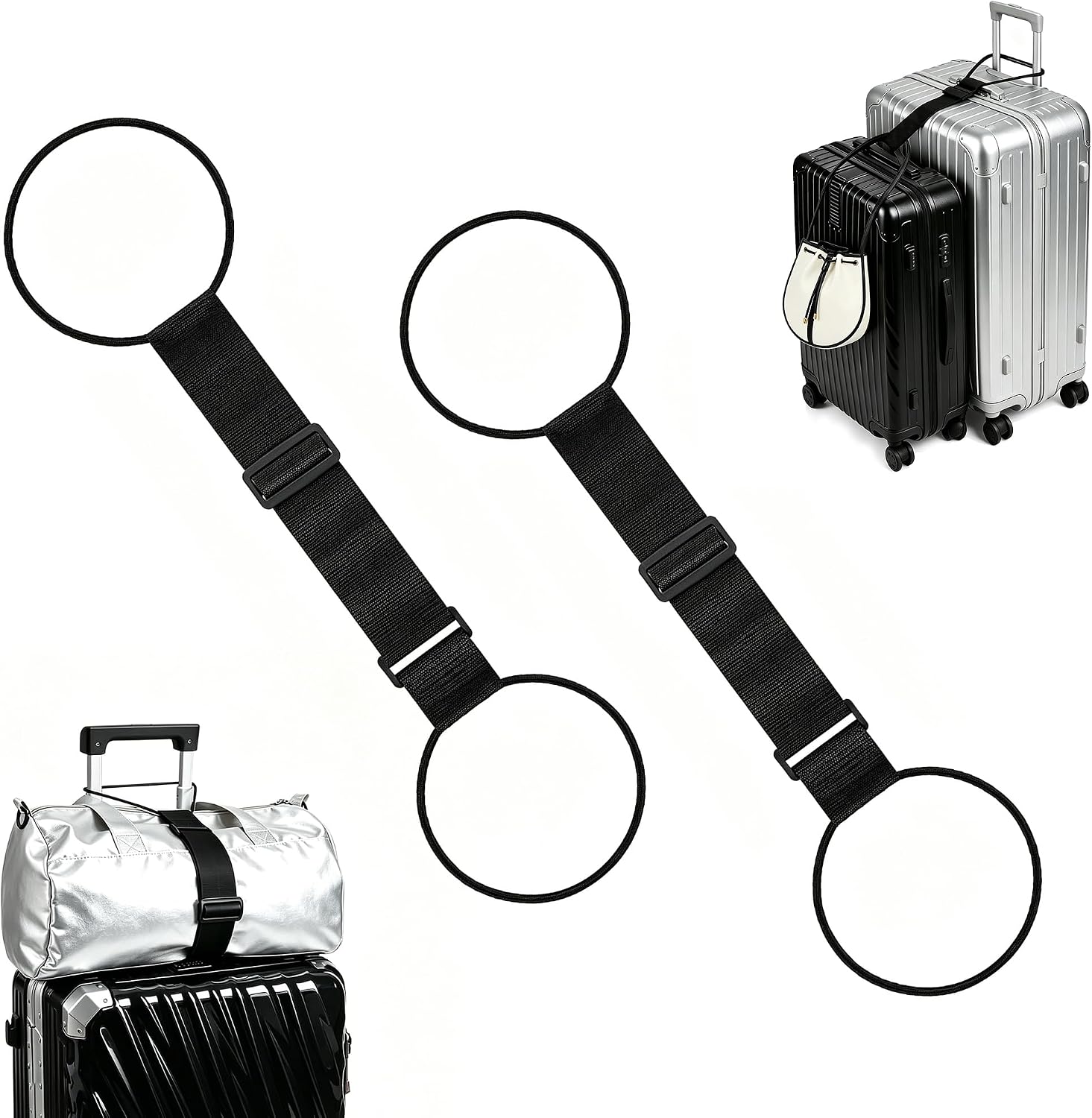 Multi Use Strong Adjustable Luggage Connector Straps for Suitcases, 2 Pack Elastic Bungee Straps to Connect Two Suitcases, Add a Bag Travel Essentials for Carry On (Black)
