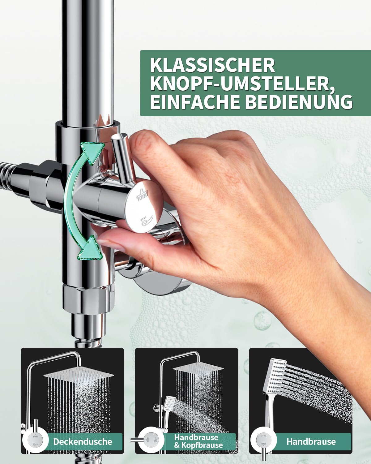 SunCleanse Regendusche ohne Armatur, Eckiger Duschkopf aus Edelstahl 25x25 cm, höhenverstellbar Duschstange von 75-110cm, Mit Hochdruck Handbrause, Duschsystem mit Messing-Umschaltventil, Chrom