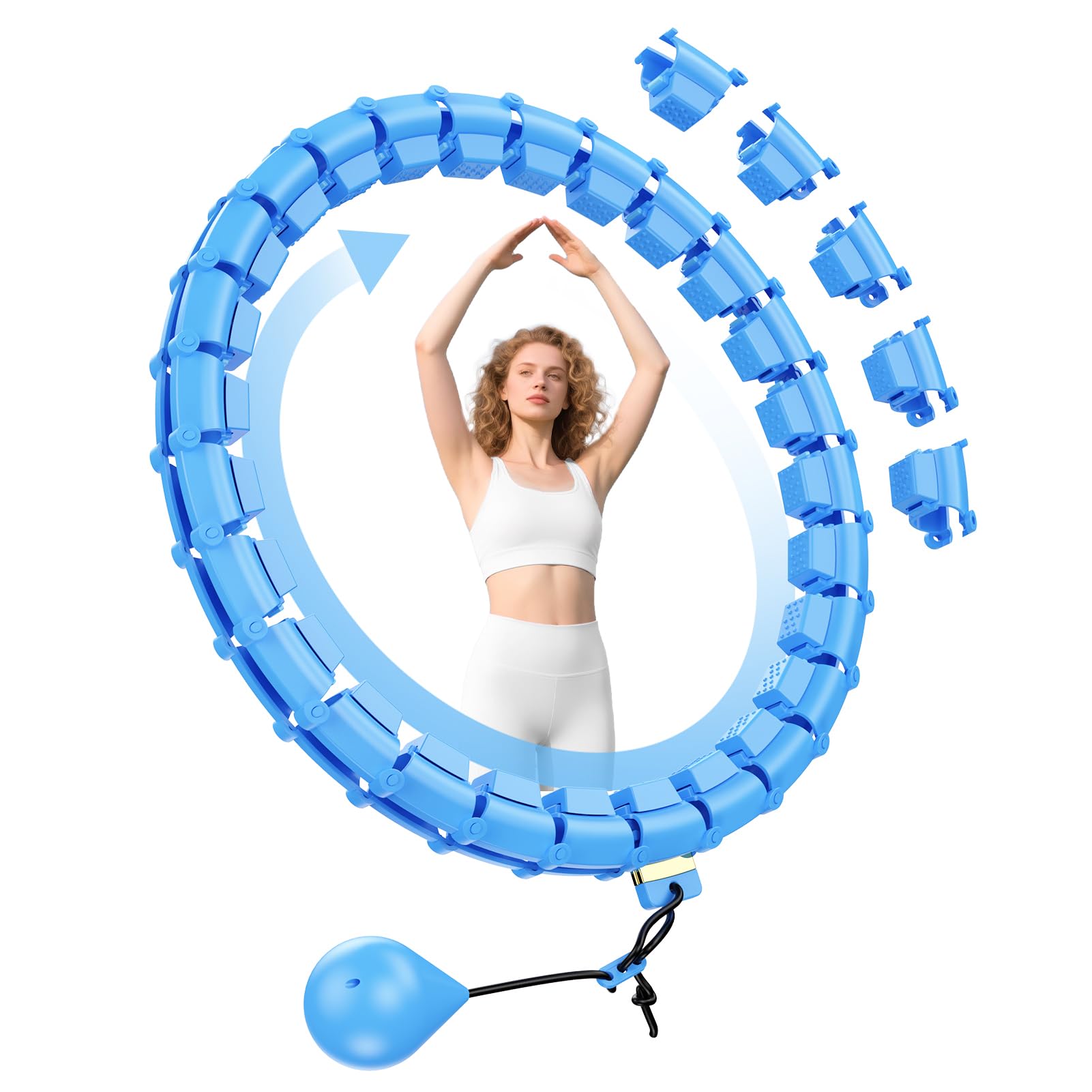HOELLL 65 Inch Adjustable Weighted Hula Detachable Hoop for Adults Weight Loss, Plus Size Quiet Infinity Fitness Hoop with 32 Links, Non-Drop Funny Smart Exercise Hoops for Women and Beginners, Blue