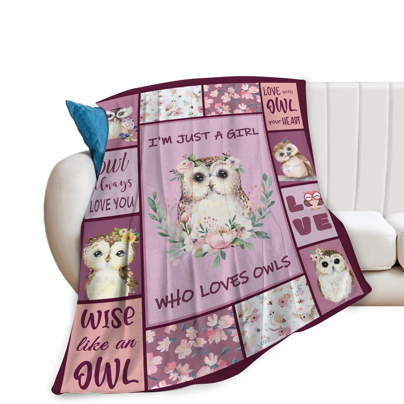 Just A Girl Who Loves Owls Blanket Cute Owl Throw Blanket Super Soft Cozy Lightweight Flannel Fleece Fuzzy Owl Stuff Gifts for Girls Boys Women Teens Adults 50"X40"