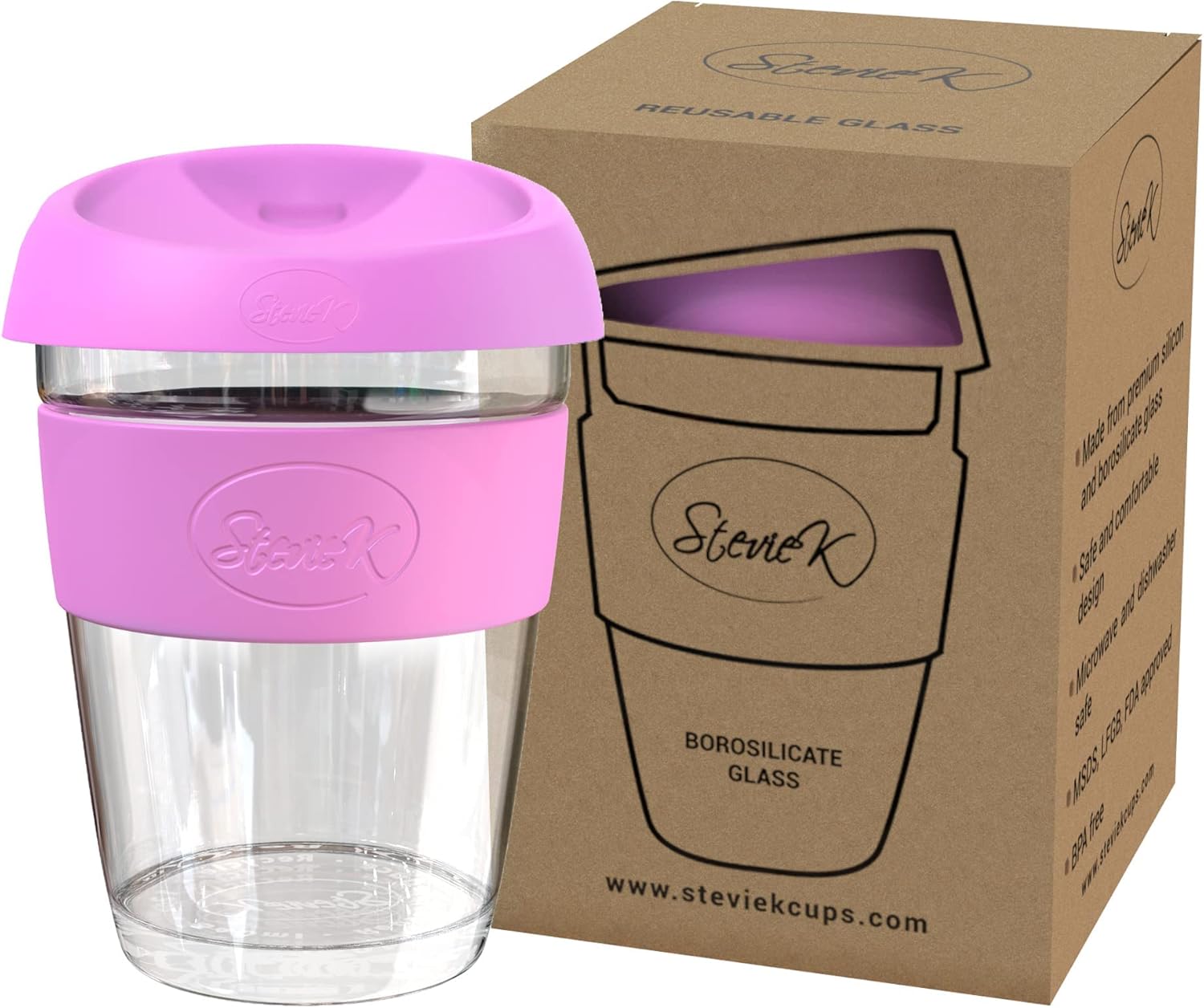 Cup - Reusable Coffee Cup, Glass Mug with Lid - Toughened Glass Coffee Cup, Travel Mug (8oz,12oz,16oz Turquoise, Pink, Purple, Black) (8oz, Pink)