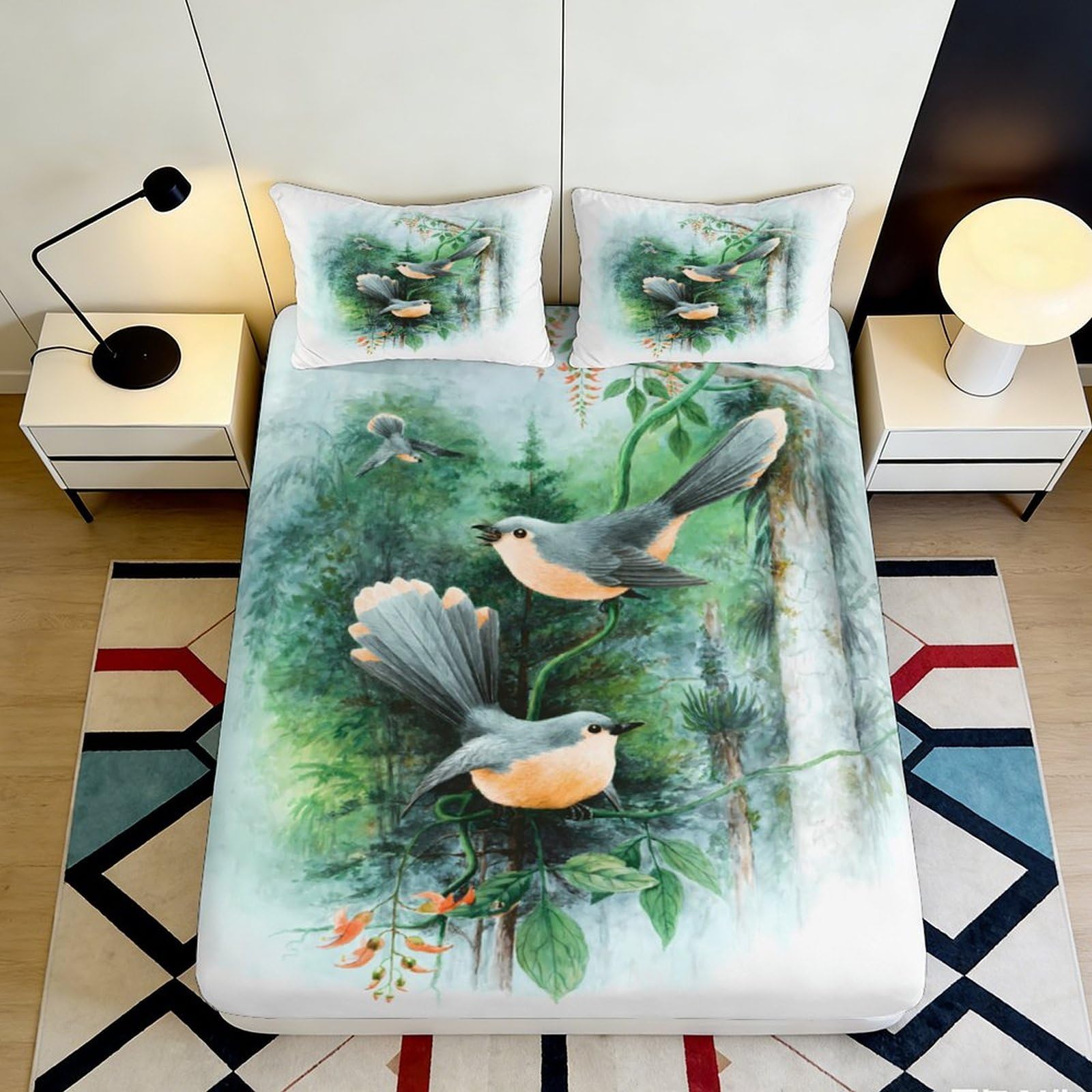 3D Printed Forest Bird Fitted Sheet Microfiber Soft Green Botanical Bed Cover for Bedroom Guest Room Decor 90x200x25cm