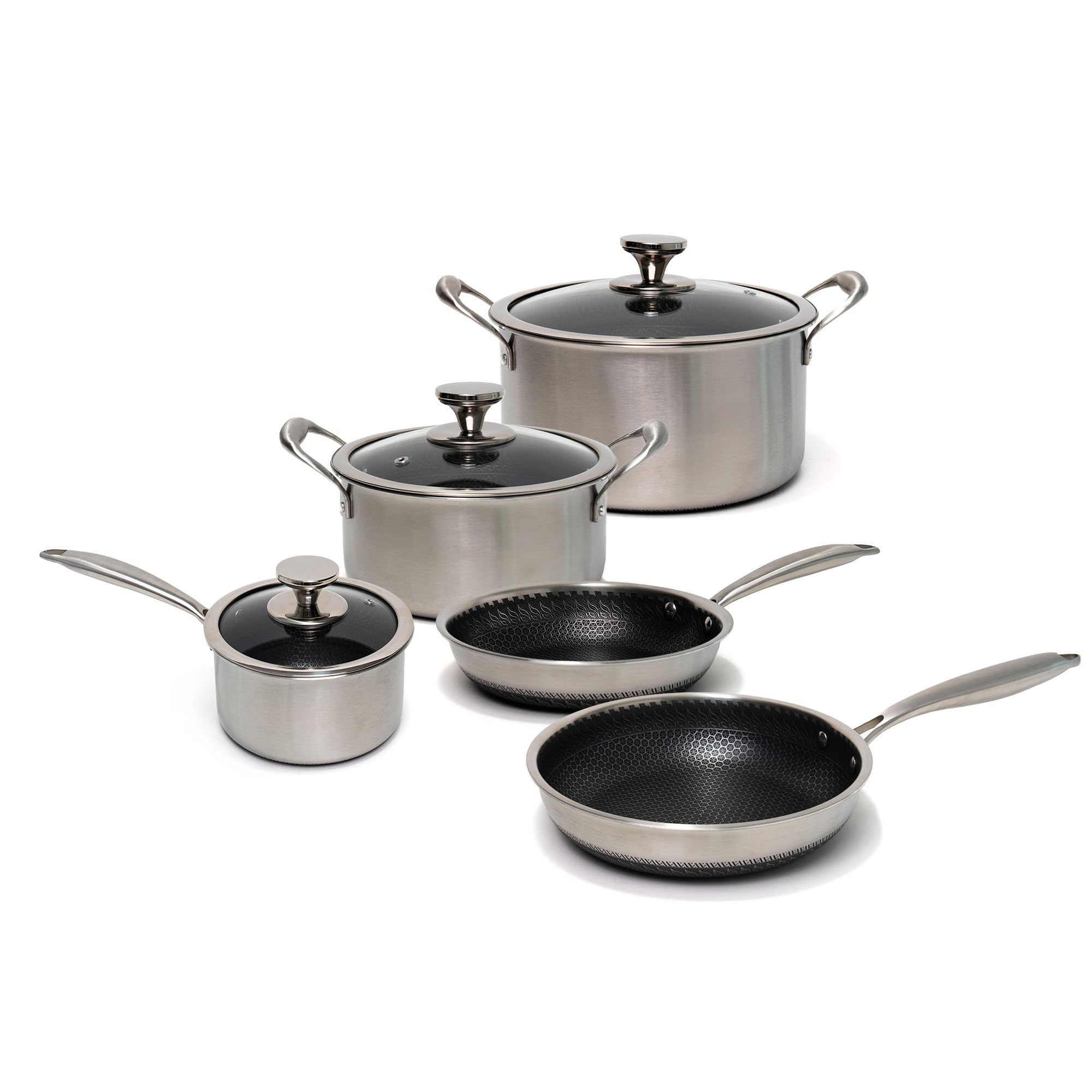 Batería de Cocina 5 Piezas Acero Inoxidable 18/10 Triply – 3 Ollas (16+20+24 cm) con Tapas de Vidrio + 2 Sartenes (20+24 cm) – Interior Panal Sin PFOA – Inducción y Horno
