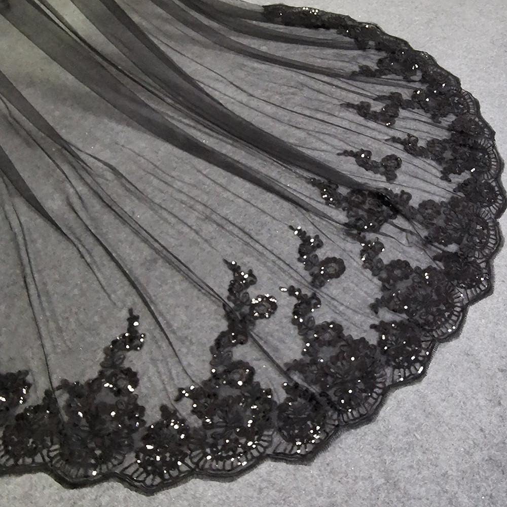 Bruidssluier Zwarte lange sluiers Pailletten Kanten bruidssluier Multi-size bruidssluier 300cm/350cm/400cm Elegante bruidssluier van tule