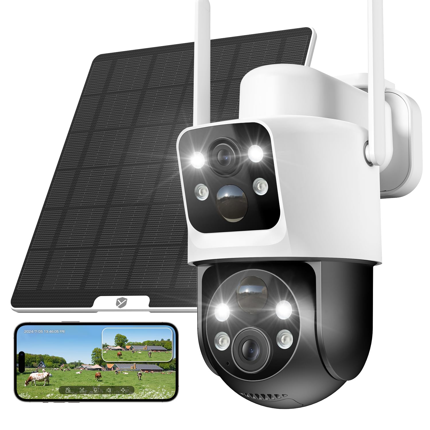 2K Outdoor WiFi Surveillance Camera, 360°PTZ Wireless Surveillance Cameras Solar 6W, Dual Lens with Fixed Monitoring and Mobile Tracking, Two-Way Audio, Color Night Vision, IP66, 2.4GHz WiFi