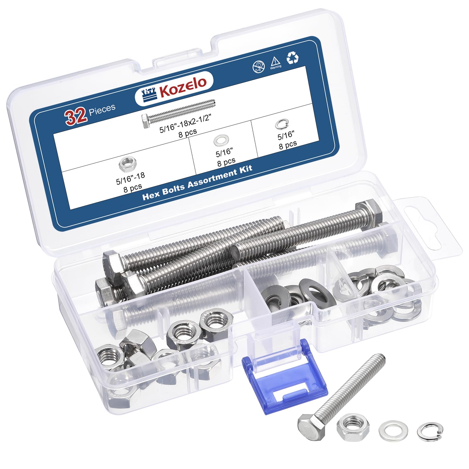 Kozelo 32 Pcs Bolts and Nuts Washers Kit - [5/16"-18x2-1/2"] 304 Stainless Steel Hex Tap Bolt Assortment Fully Threaded Hexagon Head Machine Bolt Right Hand, Silver Tone — image 1