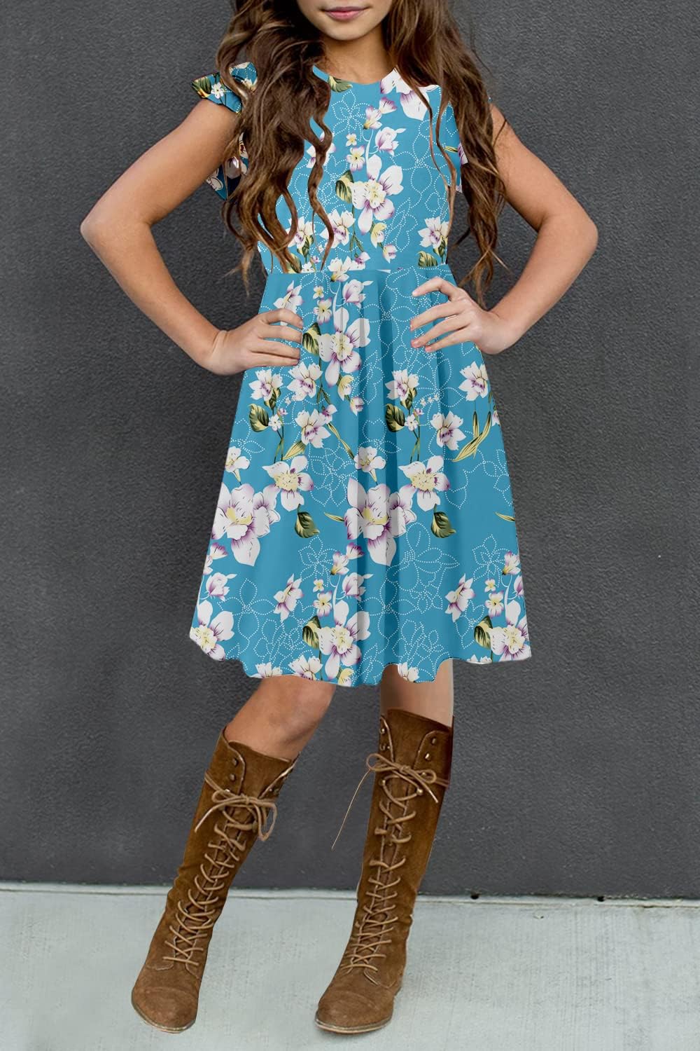 HOSIKA Girls Floral Dress Boho Ruffle Sleeve Pleated Casual Swing Dresses with Pockets for Kids 6-12 Years - Image 2