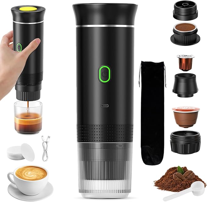 VHV Machine à Café Portable de Voyage,Chauffage Rapide 3 En 1 Cafetiere Portable 12V, Auto-Chauffage de 4 à 6 Minutes, Grandes Capsules, Café Moulu, Pour Le Camping, Bureau, Maison, Voiture (Noir)