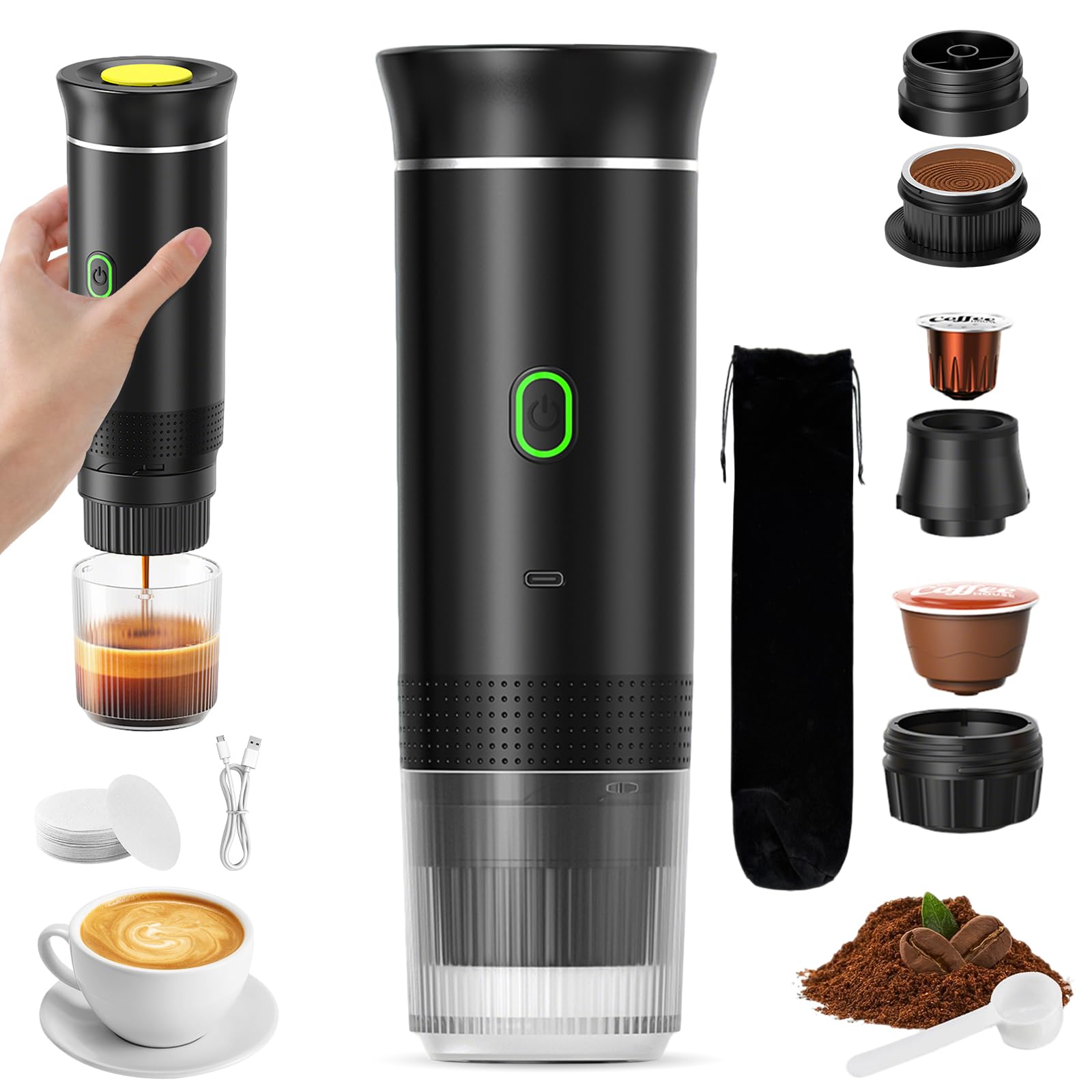 VHV Cafetera Portatil, Cafetera Portátil Cápsula de Espresso 3 en 1, Autocalentamiento de 2a6 Minutos, Para Cápsulas Pequeñas o Grandes y Café Molido,Cafetera Portátil para Oficina y Hogar (Negro)