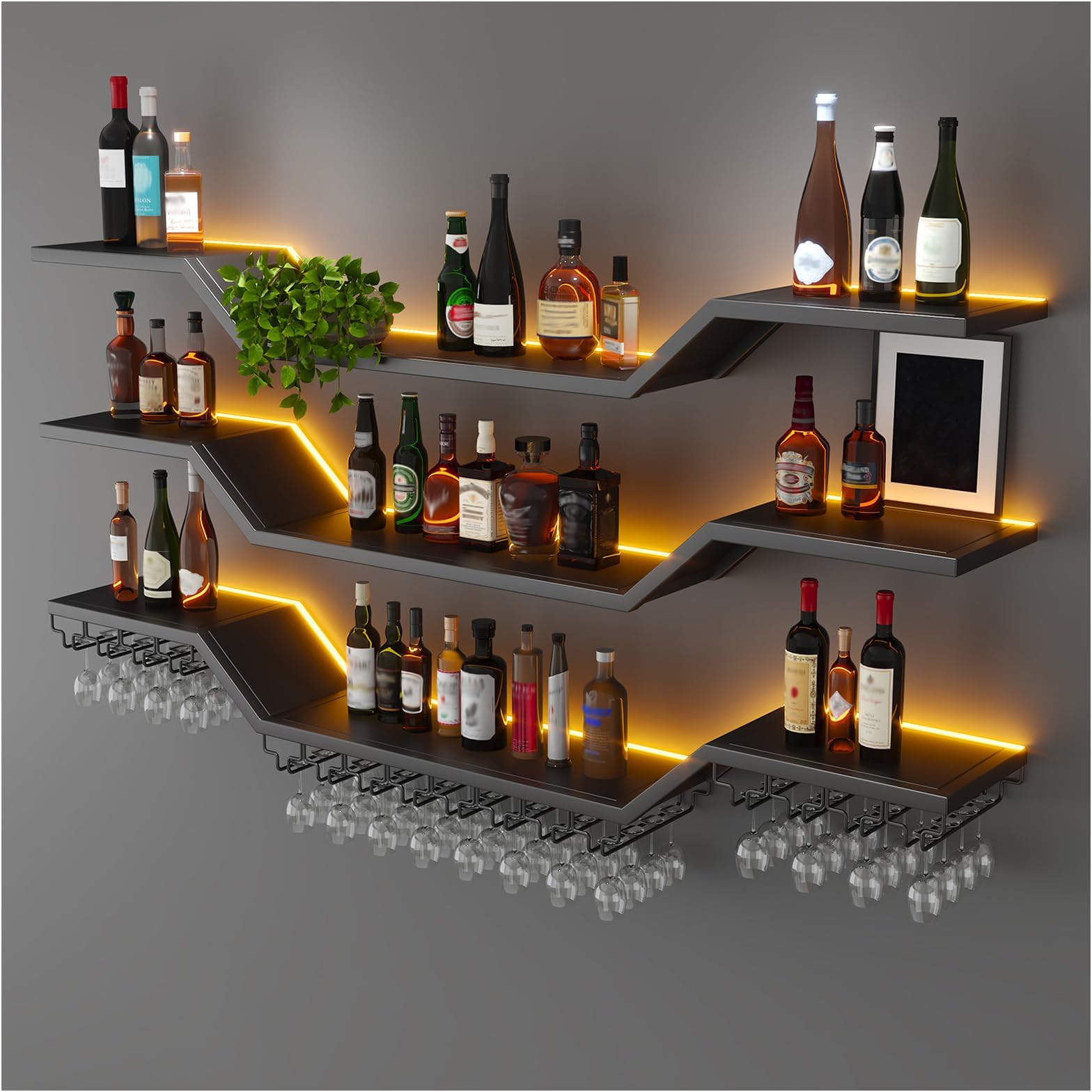 – 120cm Modern LED Wine Rack Wall Mounted, 3-Tier Floating Bar Shelves with Wine Glass Rack, Large Hanging Liquor Shelf Wall Mounted, for Home Bar Dining Room Cafe Decorative (Black, 120cm)