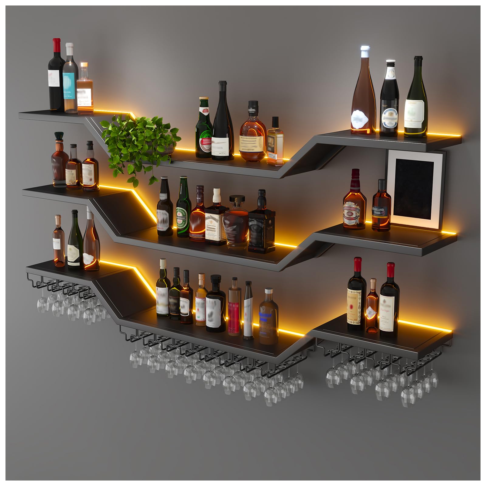 39.4in Modern LED Wine Rack Wall Mounted, 3-Tier Floating Bar Shelves with Wine Glass Rack, Large Hanging Liquor Shelf Wall Mounted, for Home Bar Dining Room Cafe Decorative (Black, 39.4in/100cm)