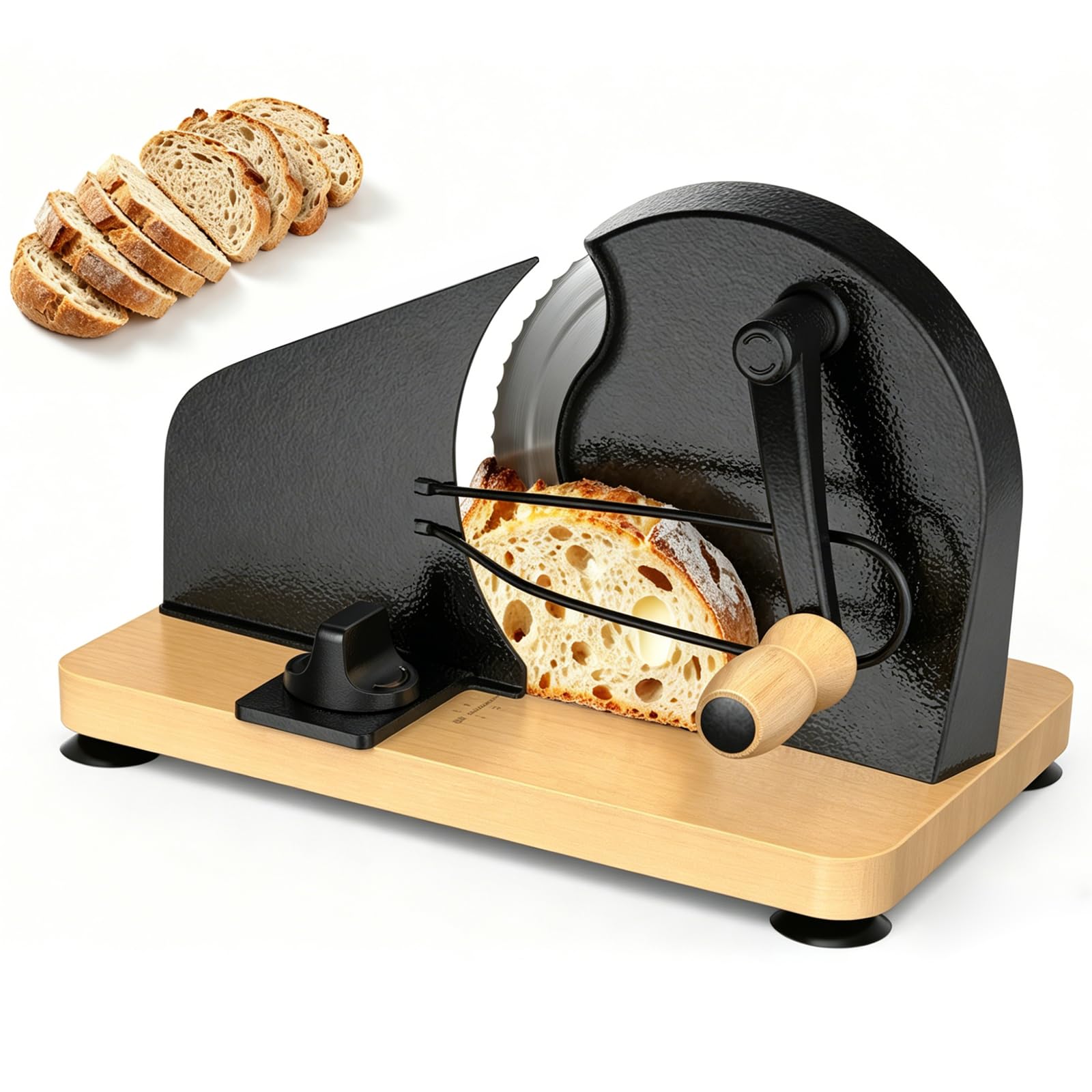 Brotschneidemaschine Manuell mit Handkurbel | Einstellbare Scheibendicke | Scharfe Edelstahlklinge & Buchenholz Basis | Rutschfest durch Saugnäpfe | Kompakt für selbstgemachtes Brot & Sauerteigbrot