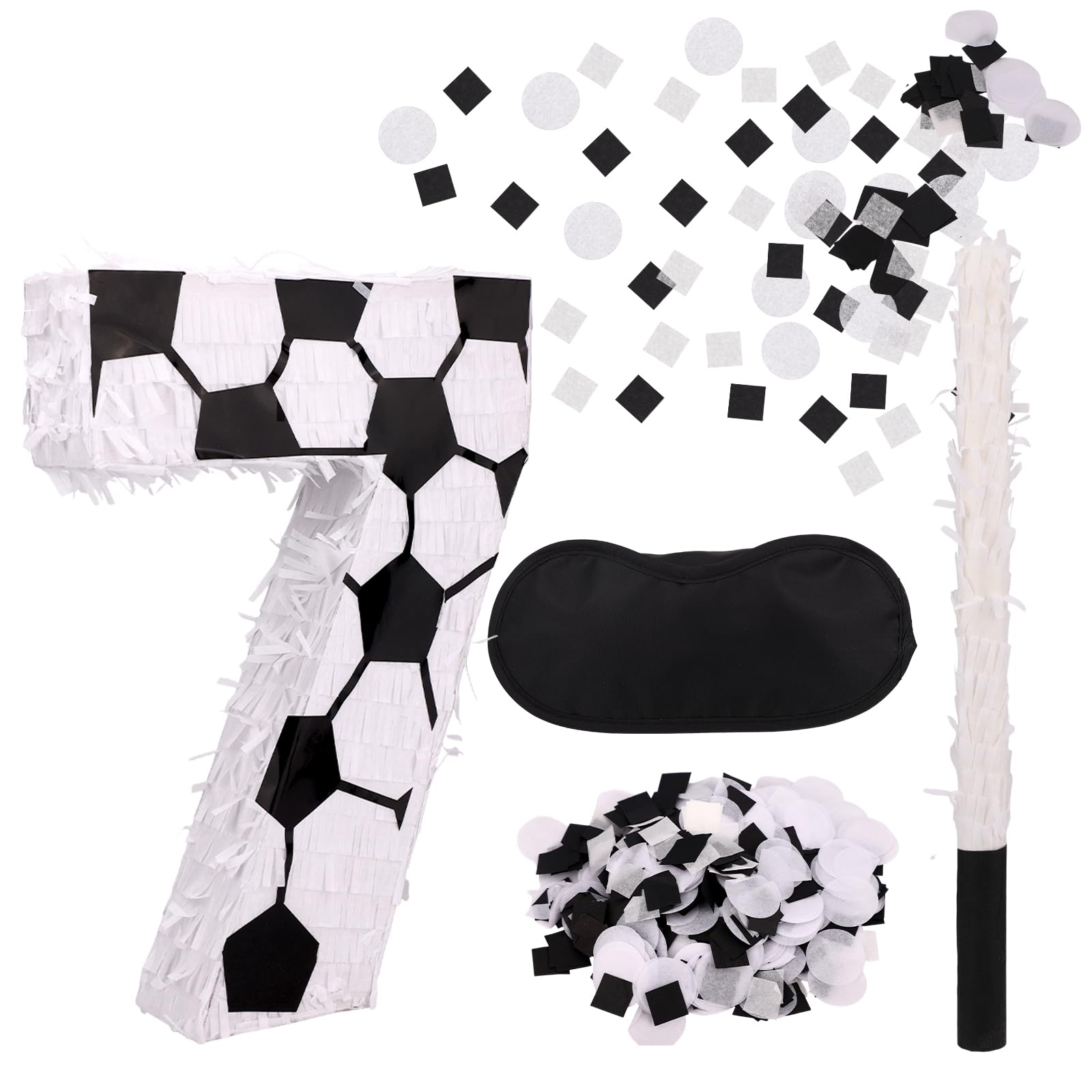 Soccer Themed Piñata Set, Soccer Ball Number 7 Piñata with Stick Blindfold & Confetti Sports Party Supplies for Birthday Decoration Party Games & Festive Celebrations