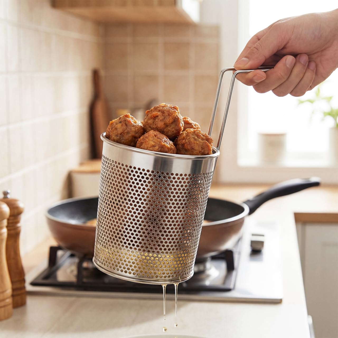Hemoton Panier à pâtes pliable en acier inoxydable avec poignée, panier à pâtes Hotpot Accessoires Passoire de cuisine pour pâtes, boulettes, légumes et fritures, (diamètre 13 cm)