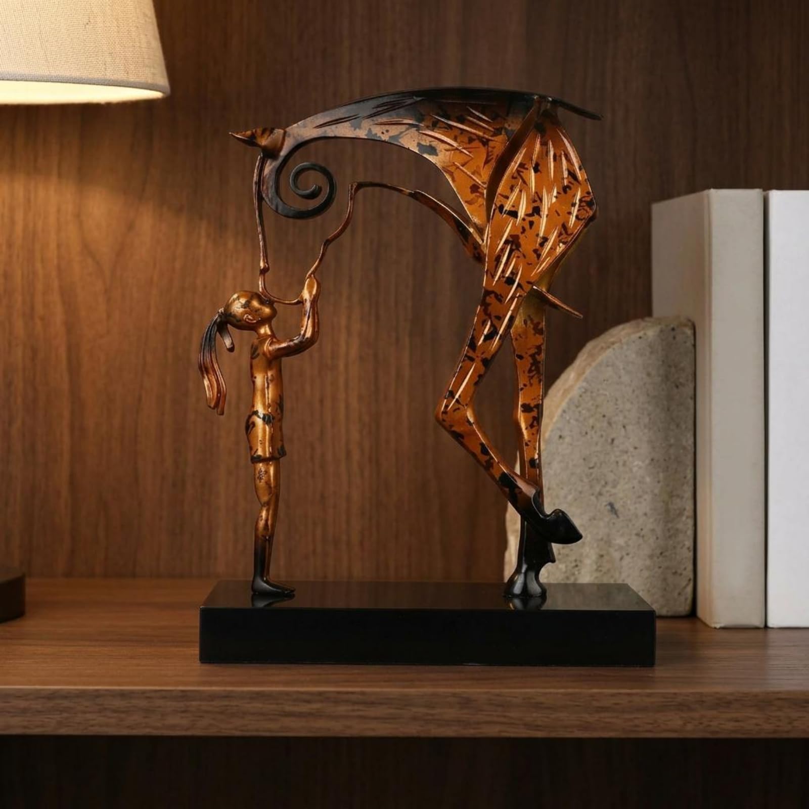 Scultura Statua Equestre Donna con Bambina Cavallo Statuina Moderna Lega di Zinco Base in Marmo Ornamento Artistico Minimal Adatto per Soggiorno Studio Scrivania Consolle Casa, Bronzo Antico