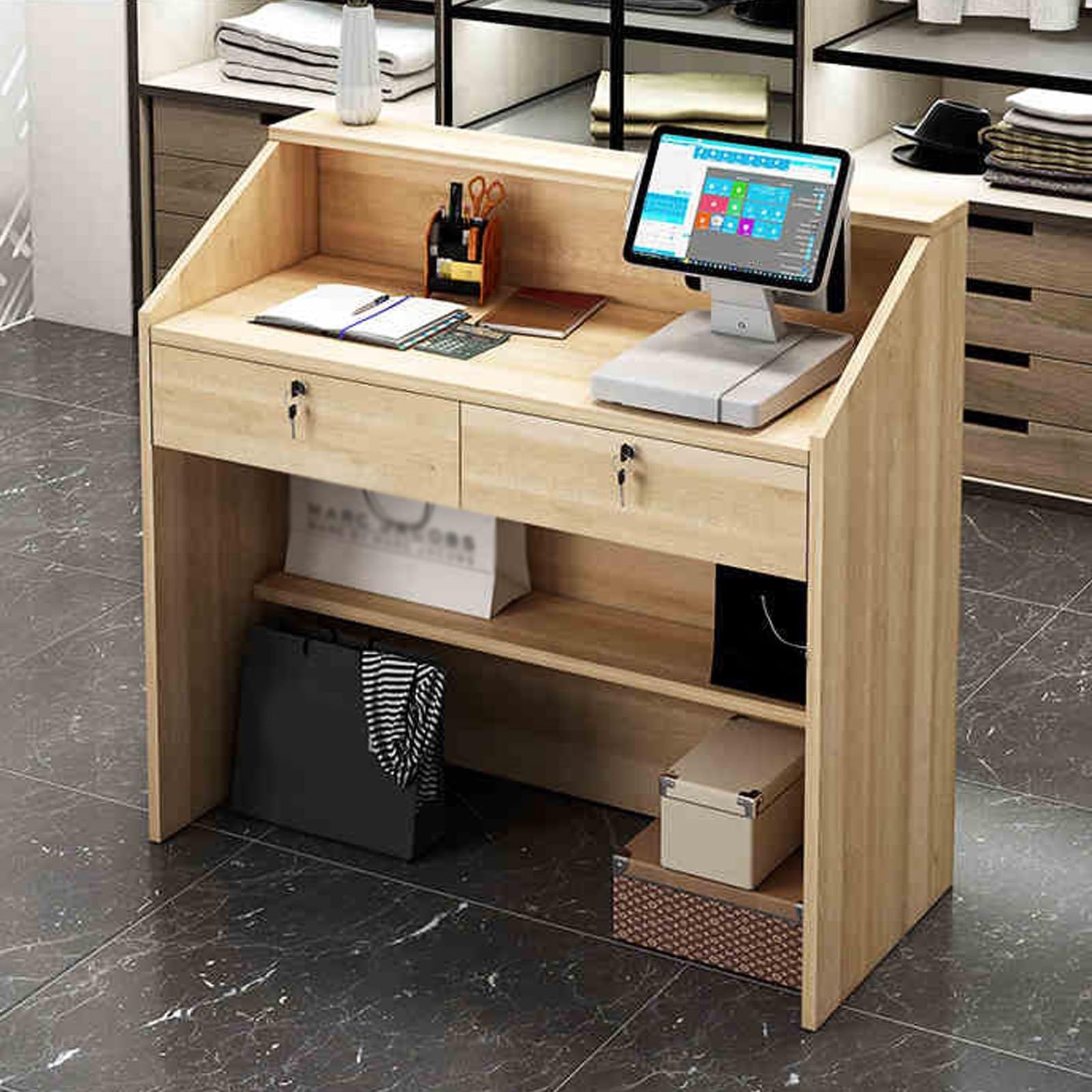 Bancone Reception Moderno con cassetto chiudibile a Chiave e ripiano per la Vendita, bancone per Il pagamento, Elegante bancone di Benvenuto con Cassa per Ufficio, Hall, Salone (Marrone scur