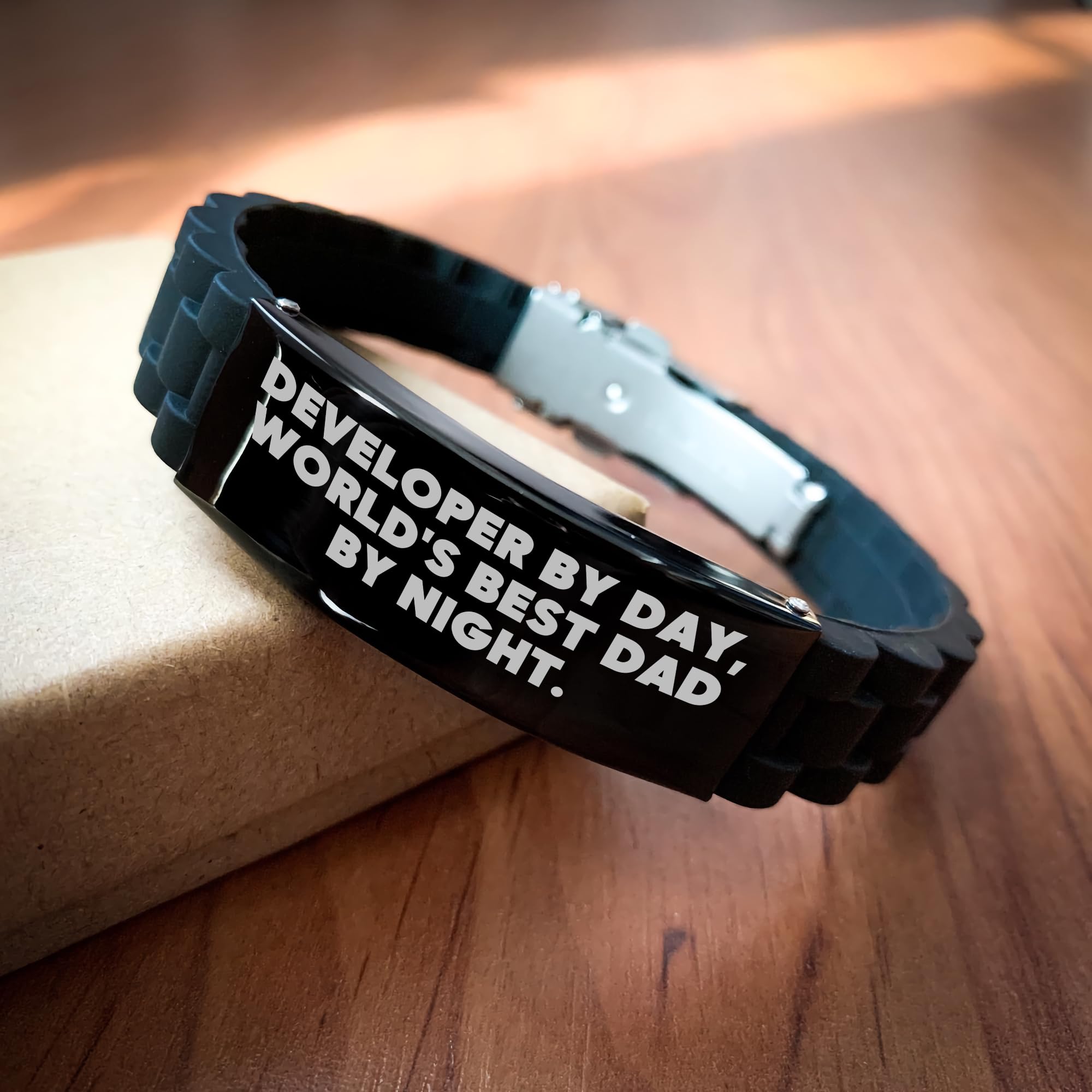 Developer's Proud by Day, World's Best Dad by Night - Glide lock Clasp Bracelet, Adjustable, Premium Bag, Birthday Unique Gift for Developer