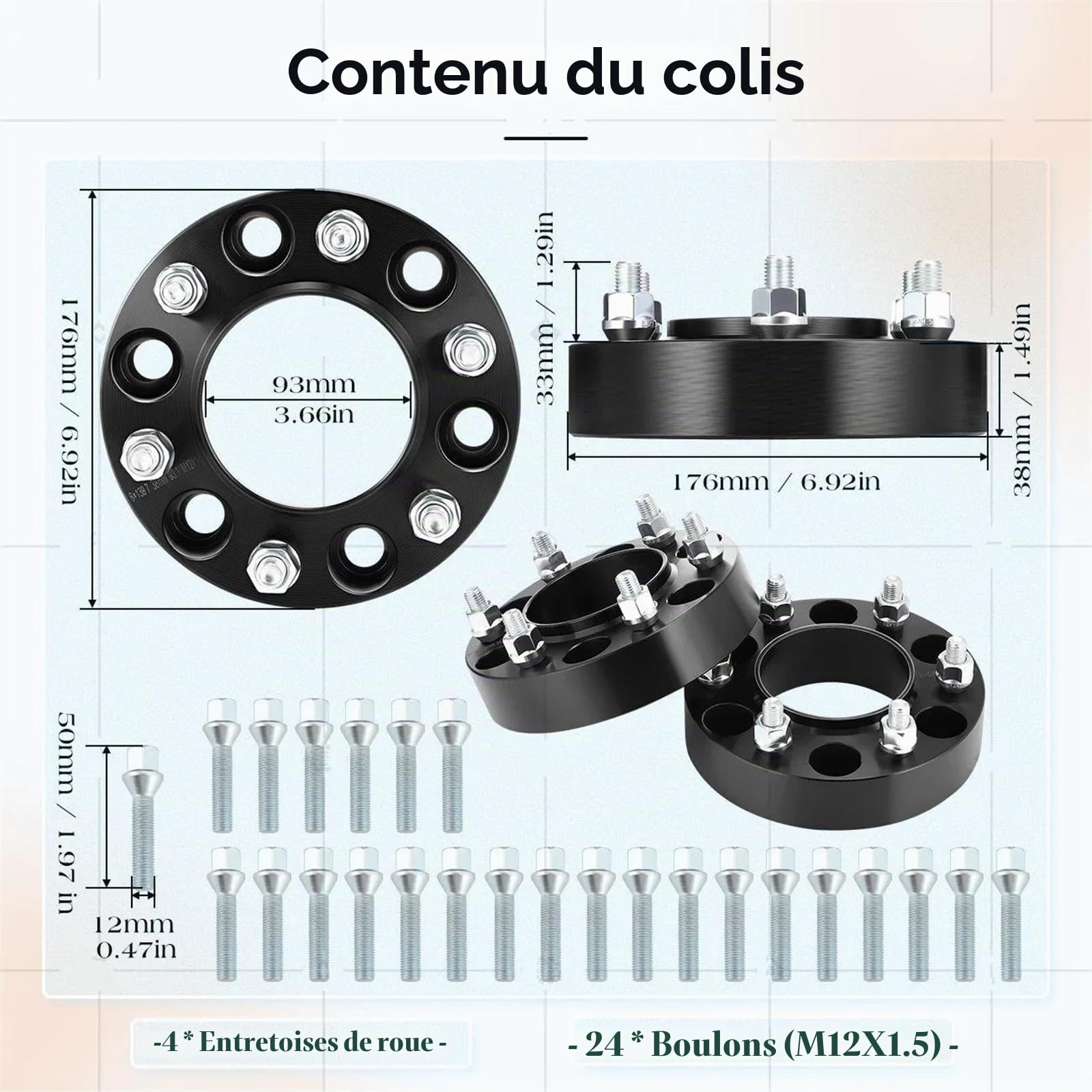 ESPYN Elargisseur Voie pour Ford pour Ranger Tous Les Modèles 4 Pièces Entretoises Roue 38mm Kit D'entretoise Et Boulons 6x139.7 Moyeu en Alliage Boulonné Centré 93.1 Entretoises