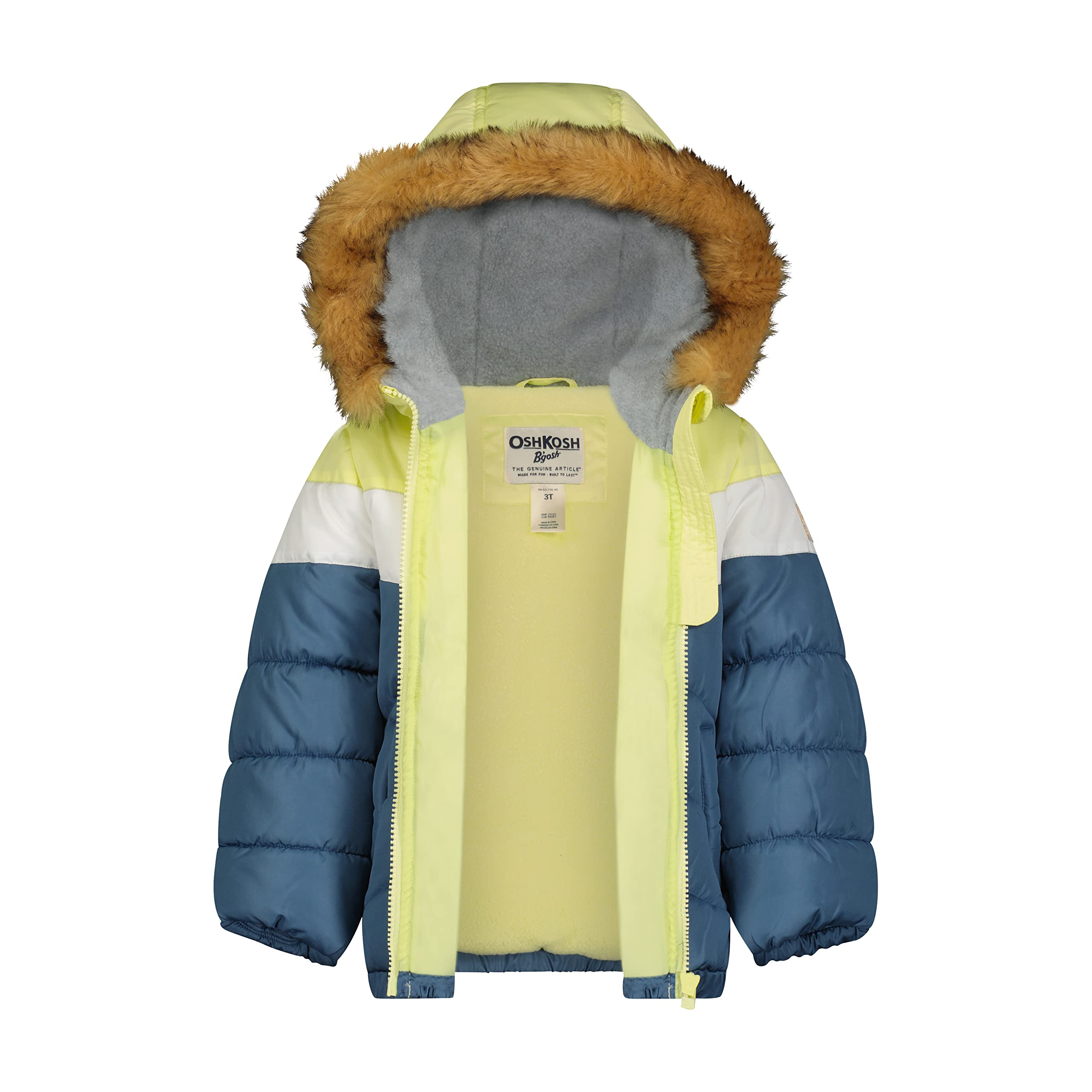 OshKosh B’gosh Baby Girl's Puffer Jacket-Warm, Hooded Infant Winter Coat, Navy/Yello, 18 Months