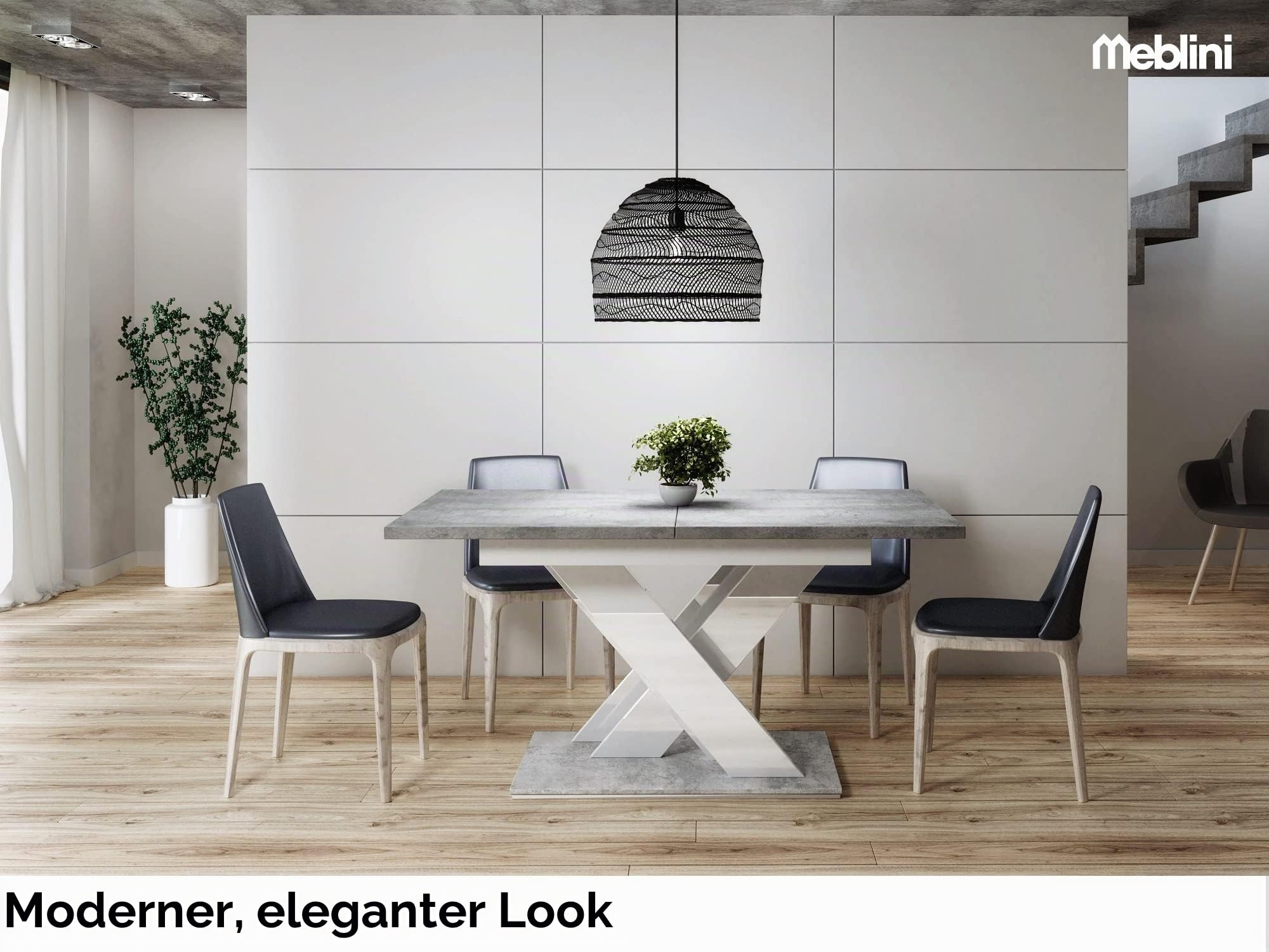 MEBLINI Esstisch Ausziehbar - Esszimmertisch Modern - Küchentisch - Säulentisch - Ausziehtisch - Dining Table - Esszimmertische - 140-180x80x75cm - Bronx - Betonoptik/Weiß Hochglanz