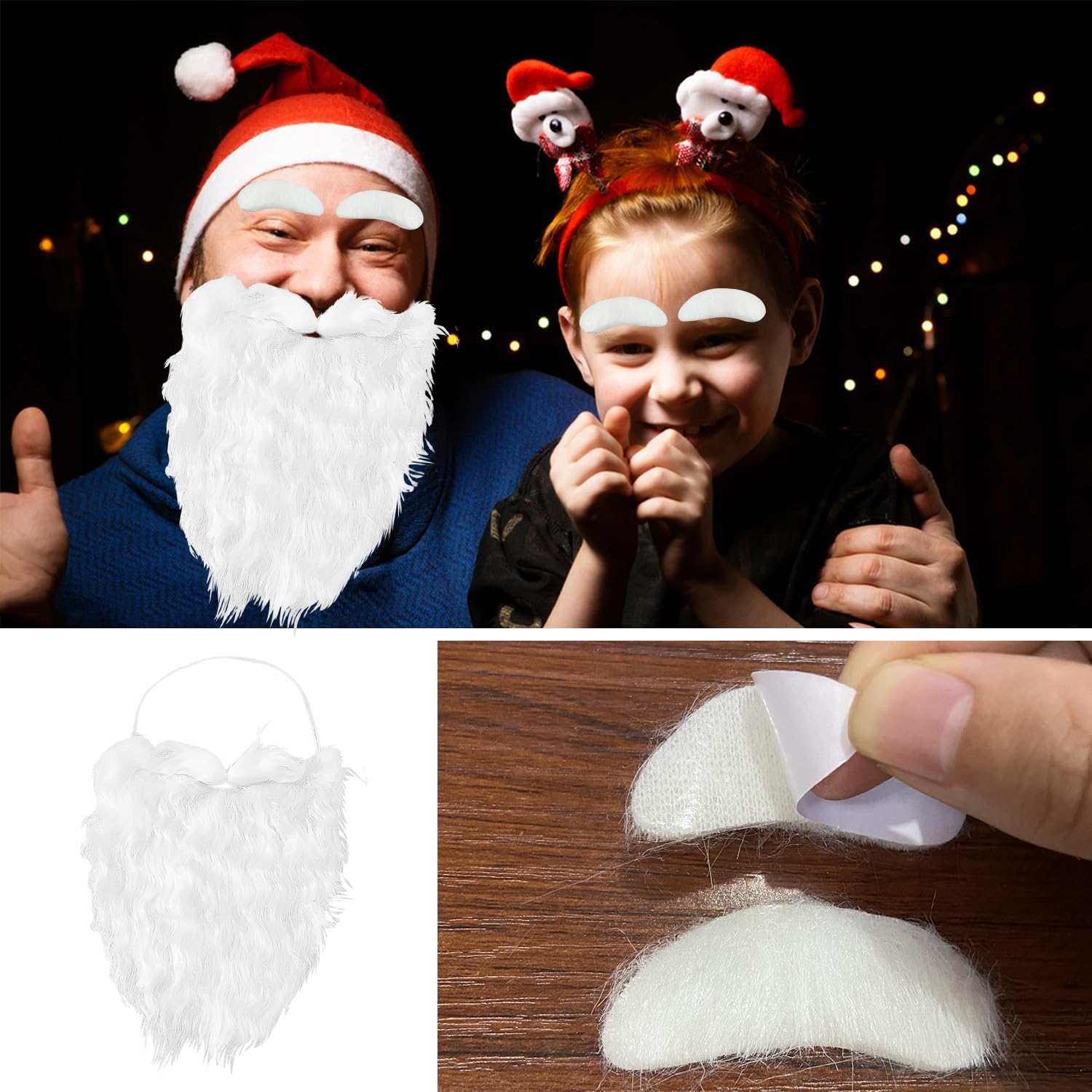 BORFUE 4pcs Funny Santa Beard Costume Set 2 works White Fake Beard and 2 works White Eyebrows for Boys Girls and Adults Cosplay Christmas Costume - Image 3