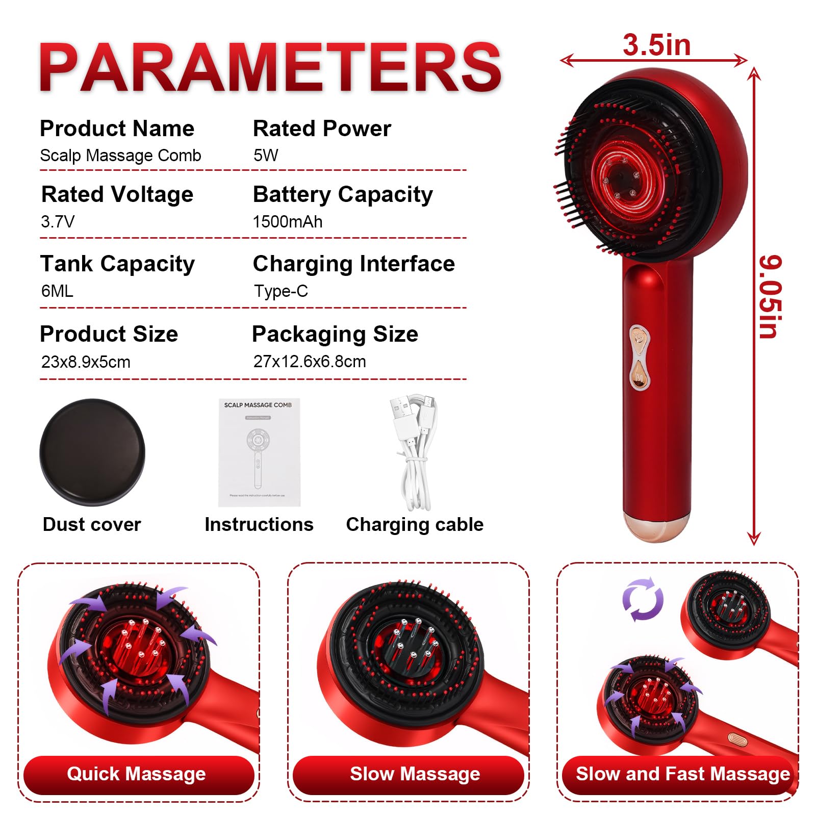 Cepillo de masaje de cuero cabelludo 3 en 1, peine de masaje de cuero cabelludo, aplicador eléctrico de aceite para el crecimiento del cabello, spa con 3 modos de masaje, terapia de luz roja de 660 nm