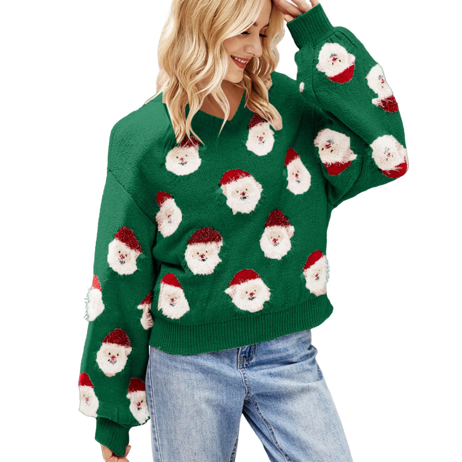 Christmas Sweaters for Women 2023 Cute Santa Claus Knitted Sweater Casual Crewneck Long Sleeve Pullover Jumper Tops
