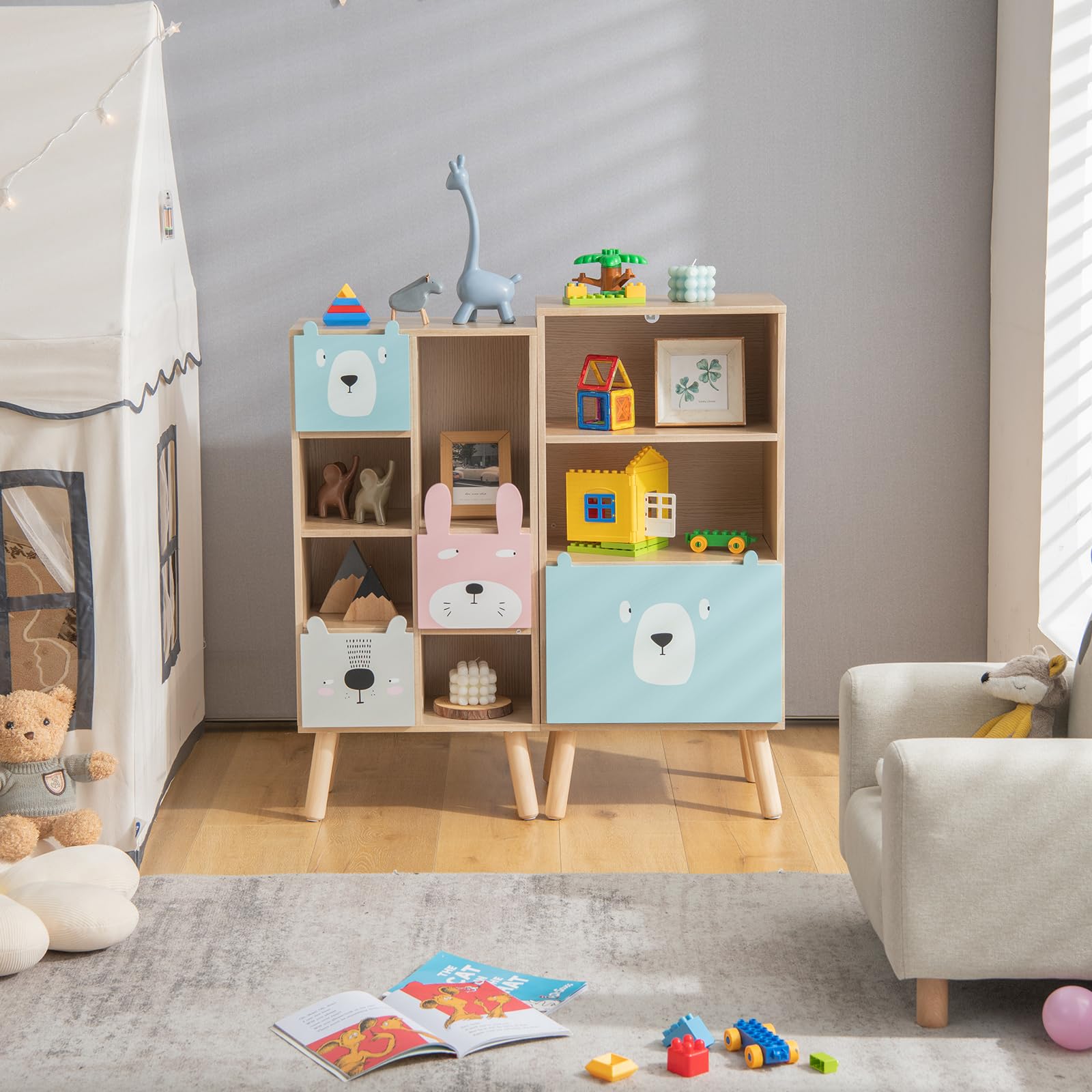 KOMFOTTEU Scaffale per Bambini a 3 Livelli, Scaffale per Bambini con Protezione Antiribaltamento e Motivo a Cartoni Animati, Scaffale per Giocattoli con 2 Scomparti Aperti e 1 Cassetto