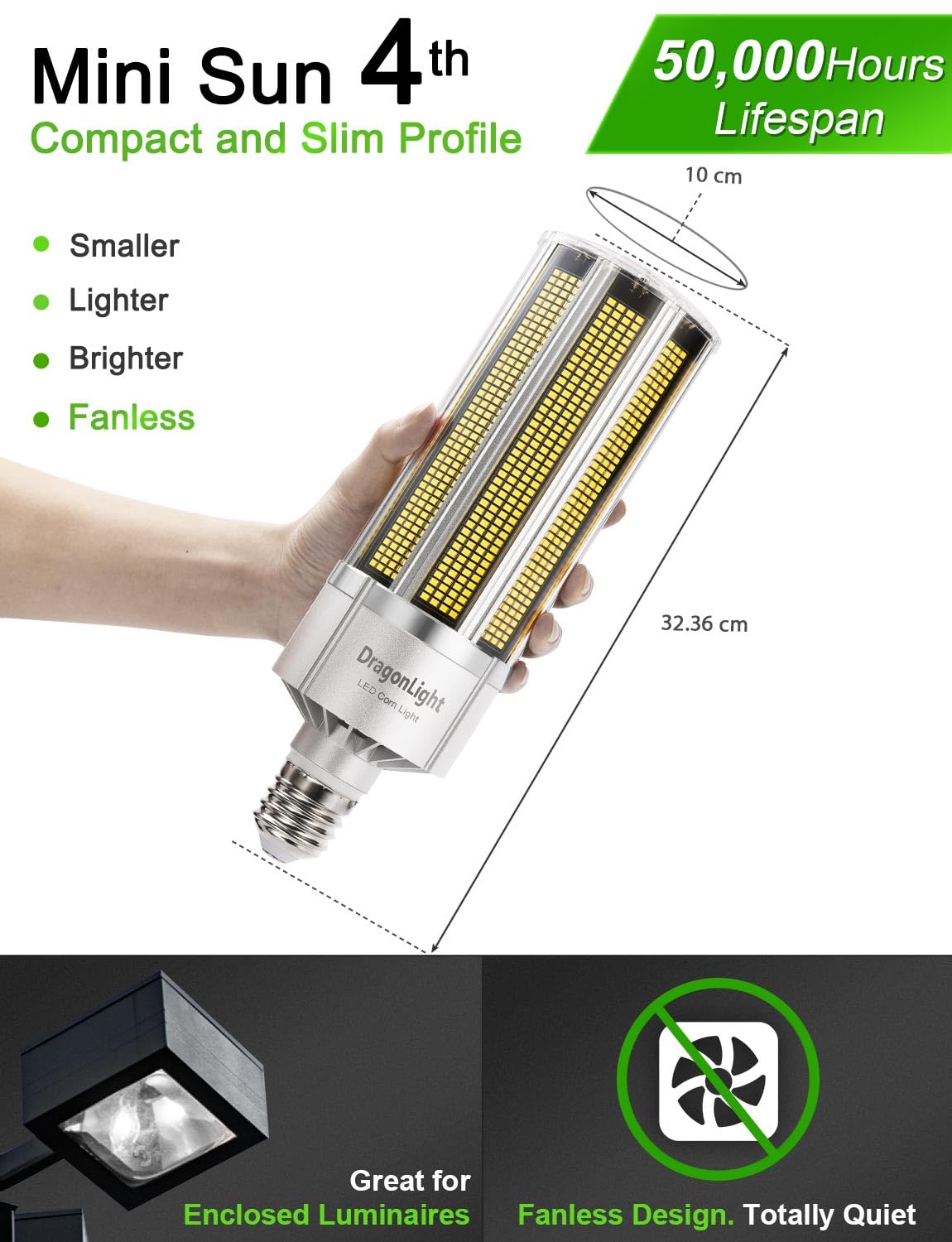 DragonLight 200W Superhell Mais Licht, bombilla LED sin ventilador (equivalente a 1200 W) - E40 Edison, 5000K, blanco frío, 27 000 lm - Ideal para luminarias cerradas