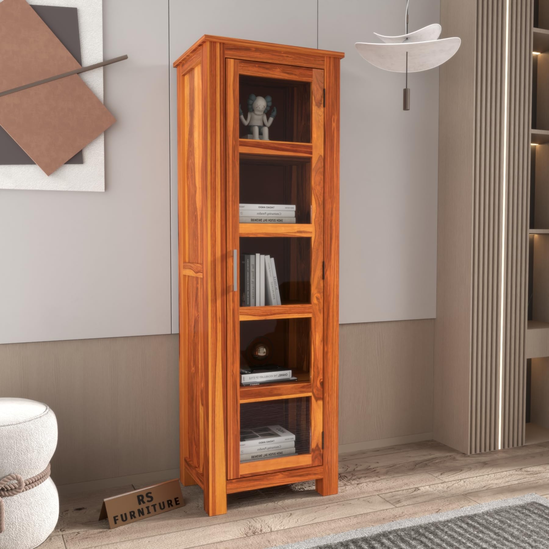 Solid Sheesham Wood Display Cabinet with Acrylic Glass Door | Wooden Bookshelf & Bookcase Storage Cabinet for Living Room, Home Office & Bedroom-image-21