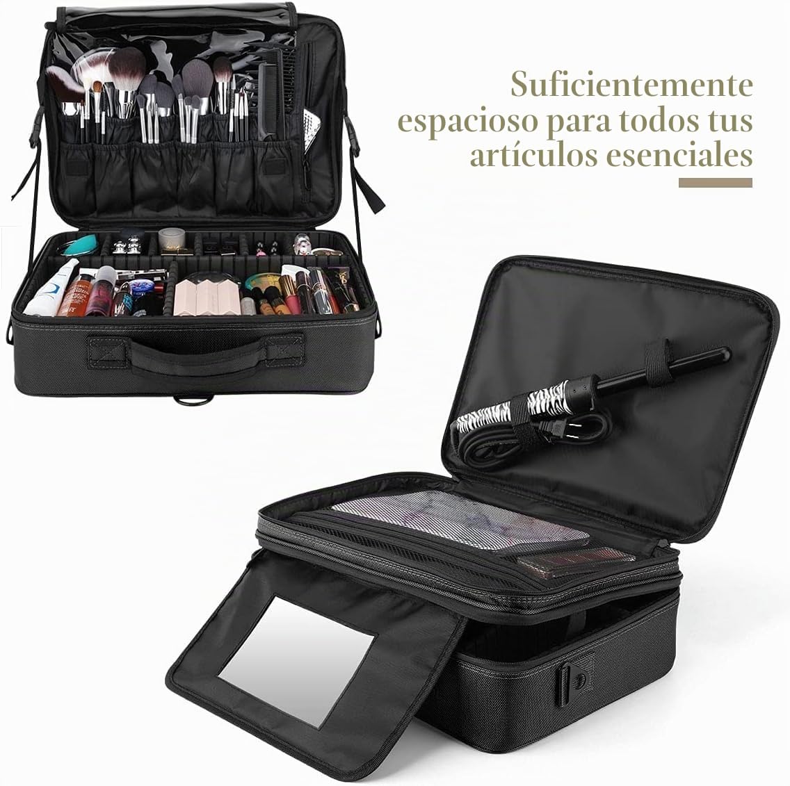 Luxspire Neceser Maquillaje con Divisor y Espejo para Mujer, Viaje Maletin Maquillaje Aseo Maleta Maquillaje Bolsa para Cosméticos, Organizador Estuche con Correa para Viaje Mujer, L - Negro