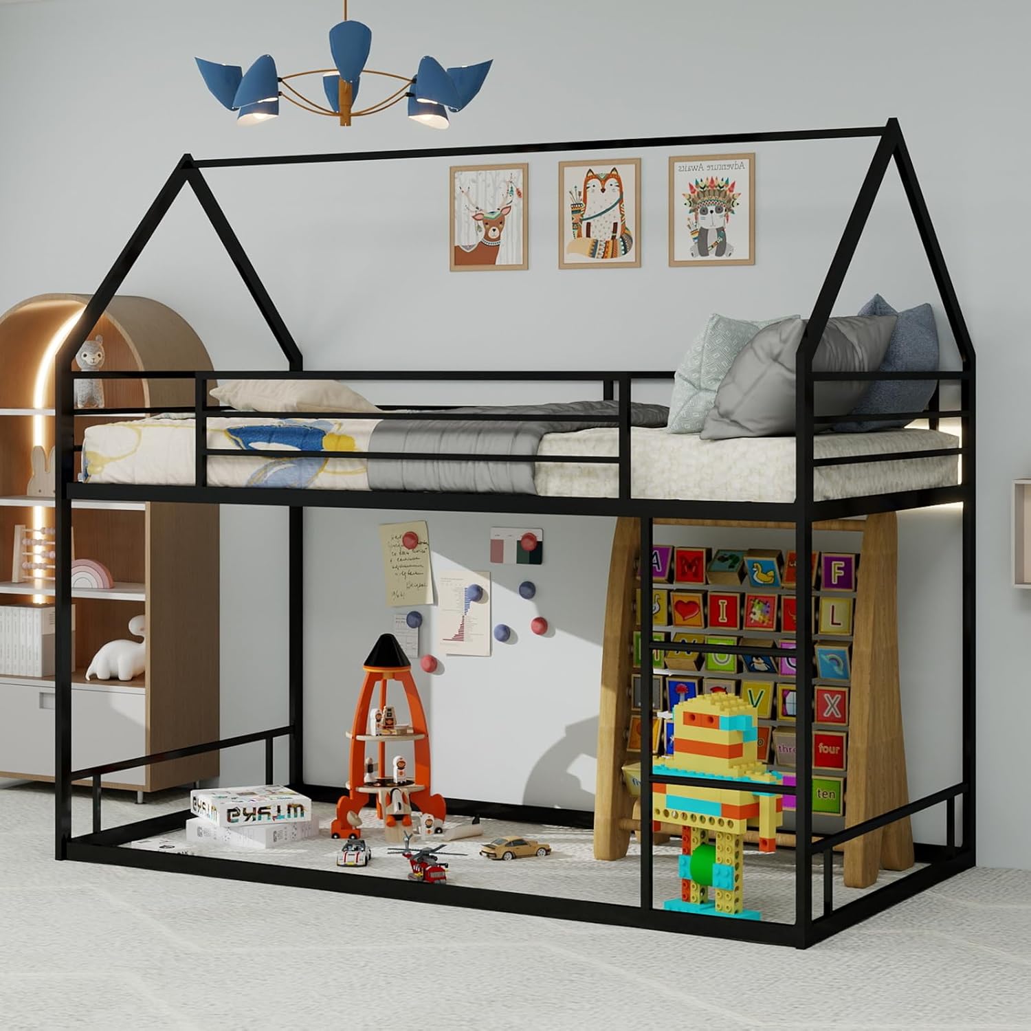 Metal Twin Over Twin Bunk Bed, Children's Bunk Bed, Noise Reduction, Safety Guardrail, No Need for Box Spring, Heavy Duty Bunk Beds Frame