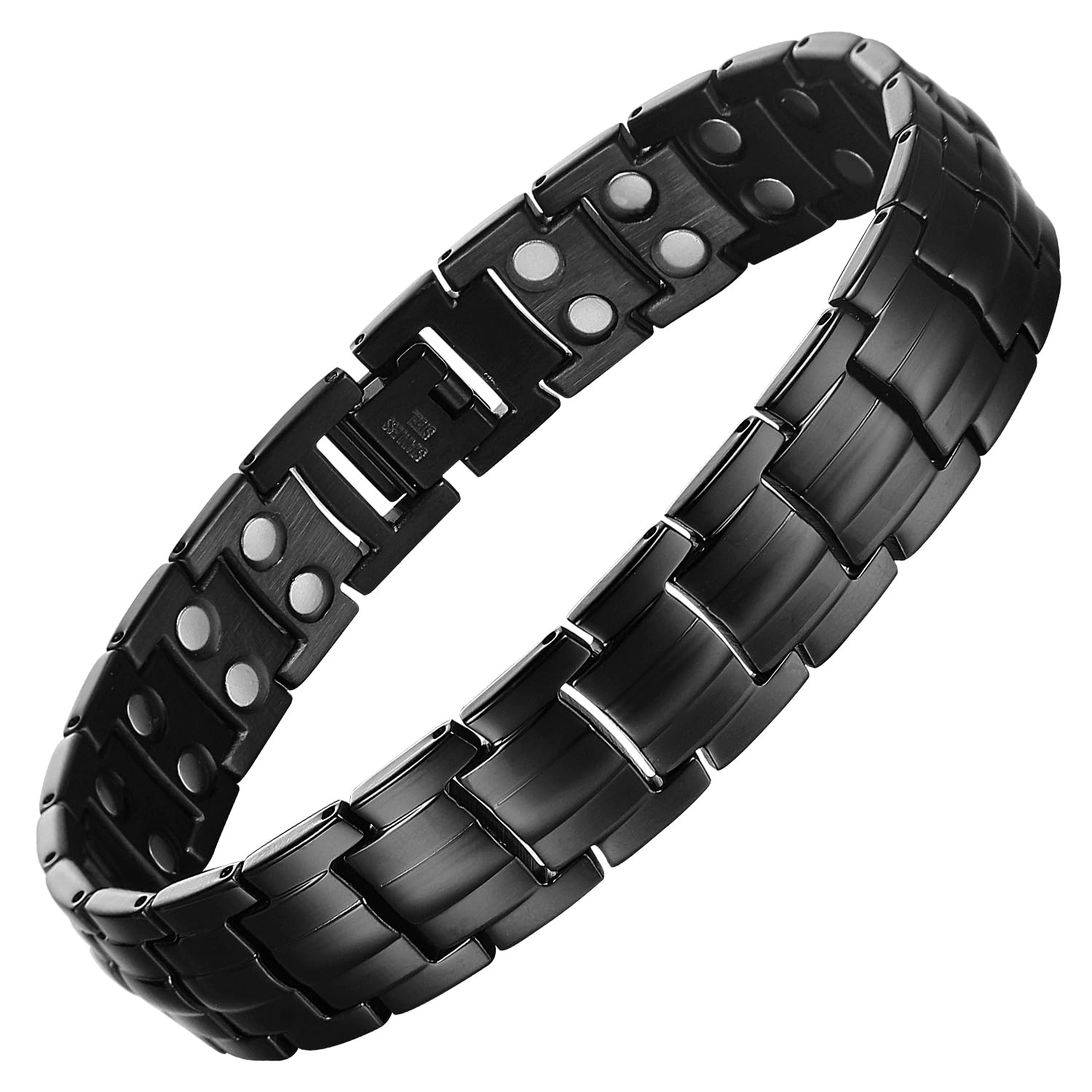 MagEnergy Pulseras magnéticas de acero de titanio para hombre, doble fila de imanes ultra resistentes, pulseras magnéticas con herramienta de extracción de eslabones ajustables y caja de regalo de