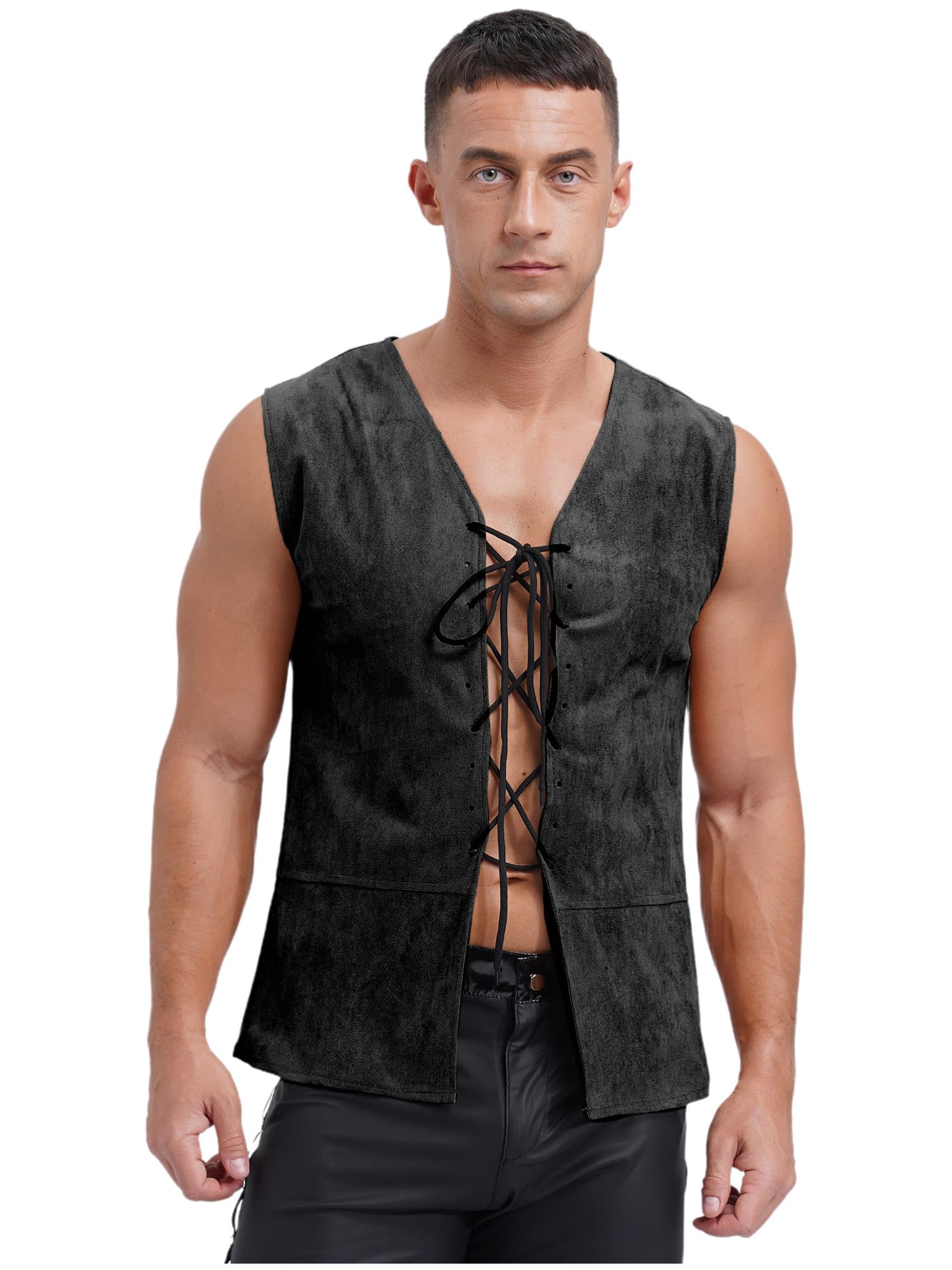 CHICTRY Men's Steampunk Vintage Medieval Vest Renaissance Lace-up Waistcoat Pirate Costume Top Black M