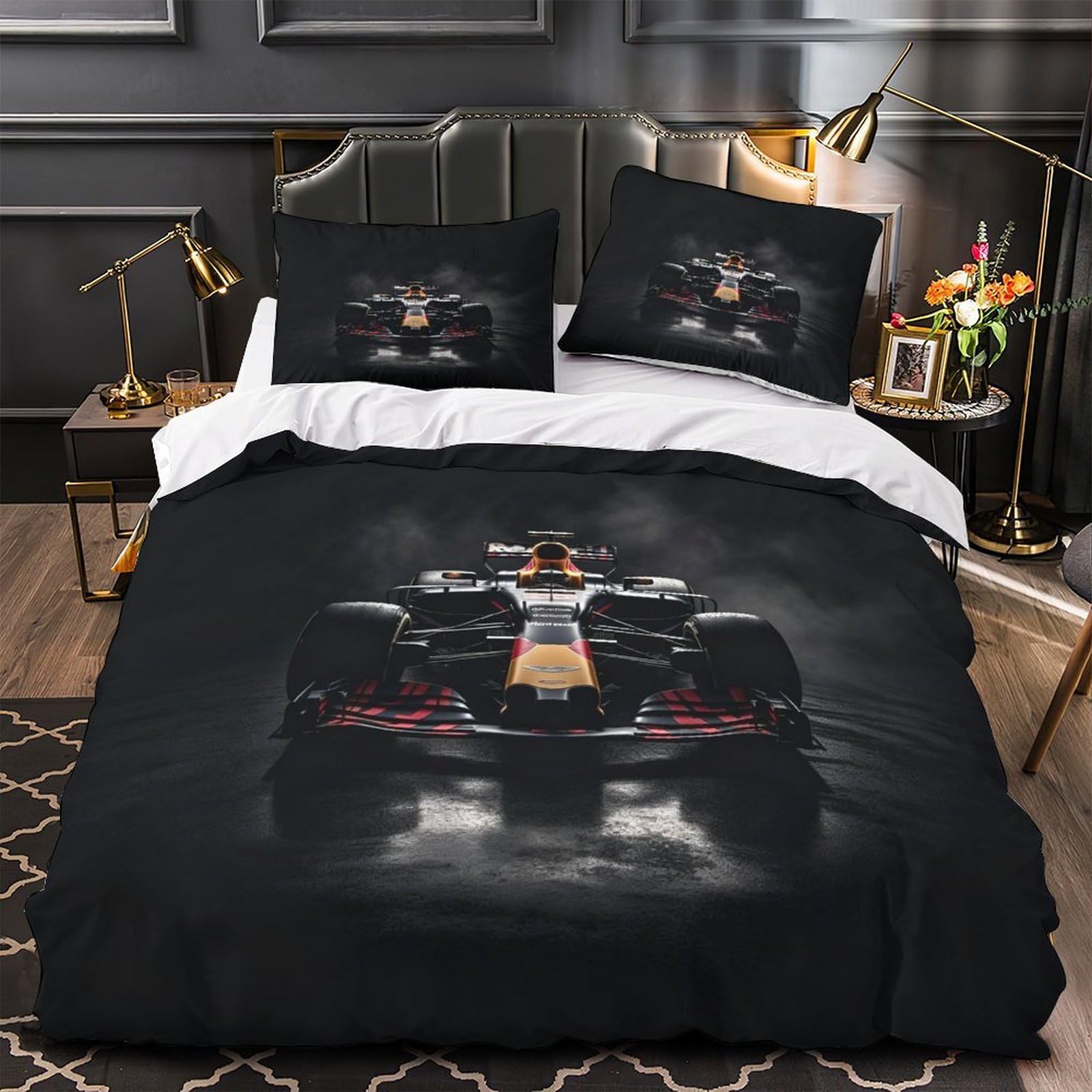 DAFUfbw Luxe Formulaa Racing Bedding Set With Hidden Zipper, King（220x240cm） Duvet Cover Racing Car with Pillowcases, Soft Microfiber Racing Car Quilt Cover