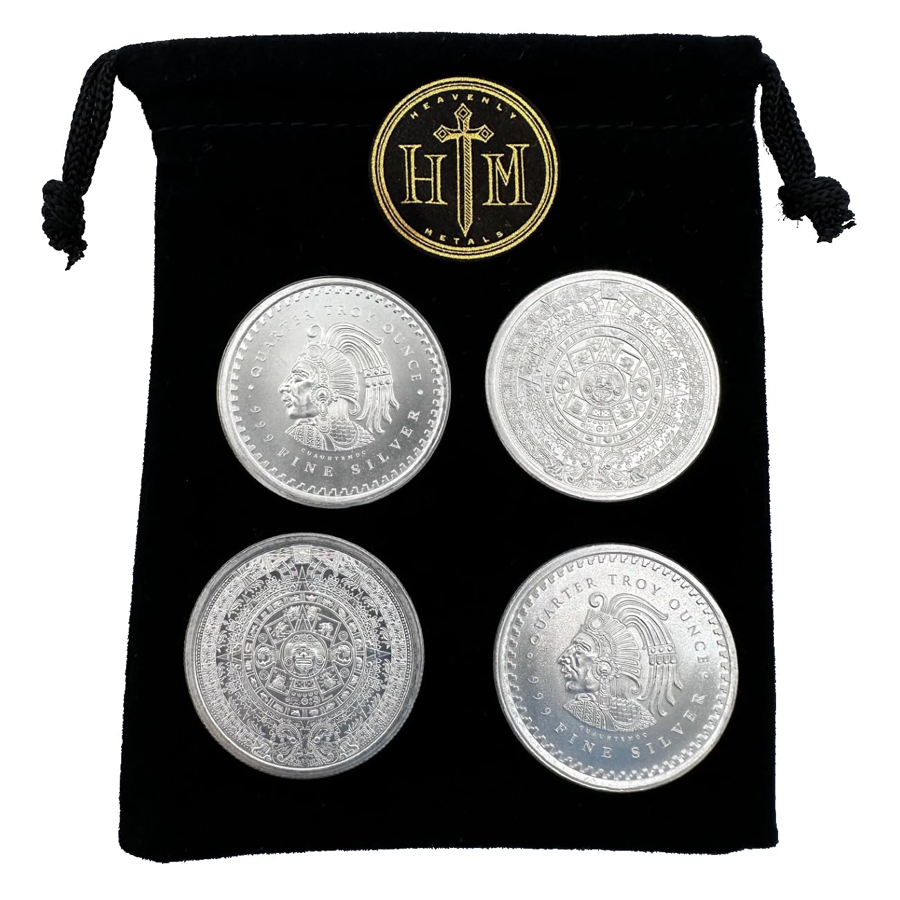 Lot of (4) 1/4 oz Aztec Calendar .999 Fine Silver Rounds in Heavenly Metals Pouch