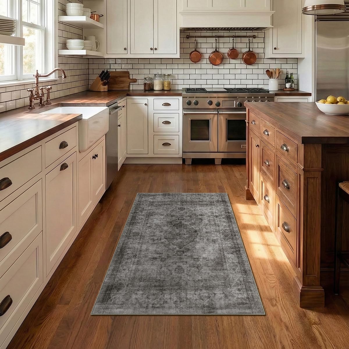 Photo 1 of Homemate Washable Rug 4x6 Area Rugs - Vintage Faux Wool Rugs for Living Room Bedroom Dining Room - Non Slip Foldable Carpet Indoor Area Rug for Home Decor?4'x6', Black