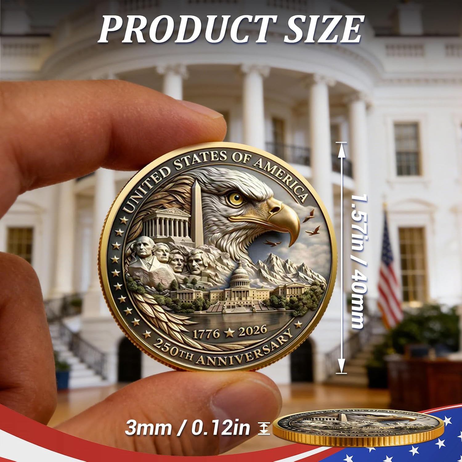 USA 250th Anniversary Commemorative Coin 1776-2026, America 250 Merchandise Patriotic Collectible Coin with Liberty Bell & Bald Eagle Design, 250 Year American Anniversary Coin for Collectors (I) image 3