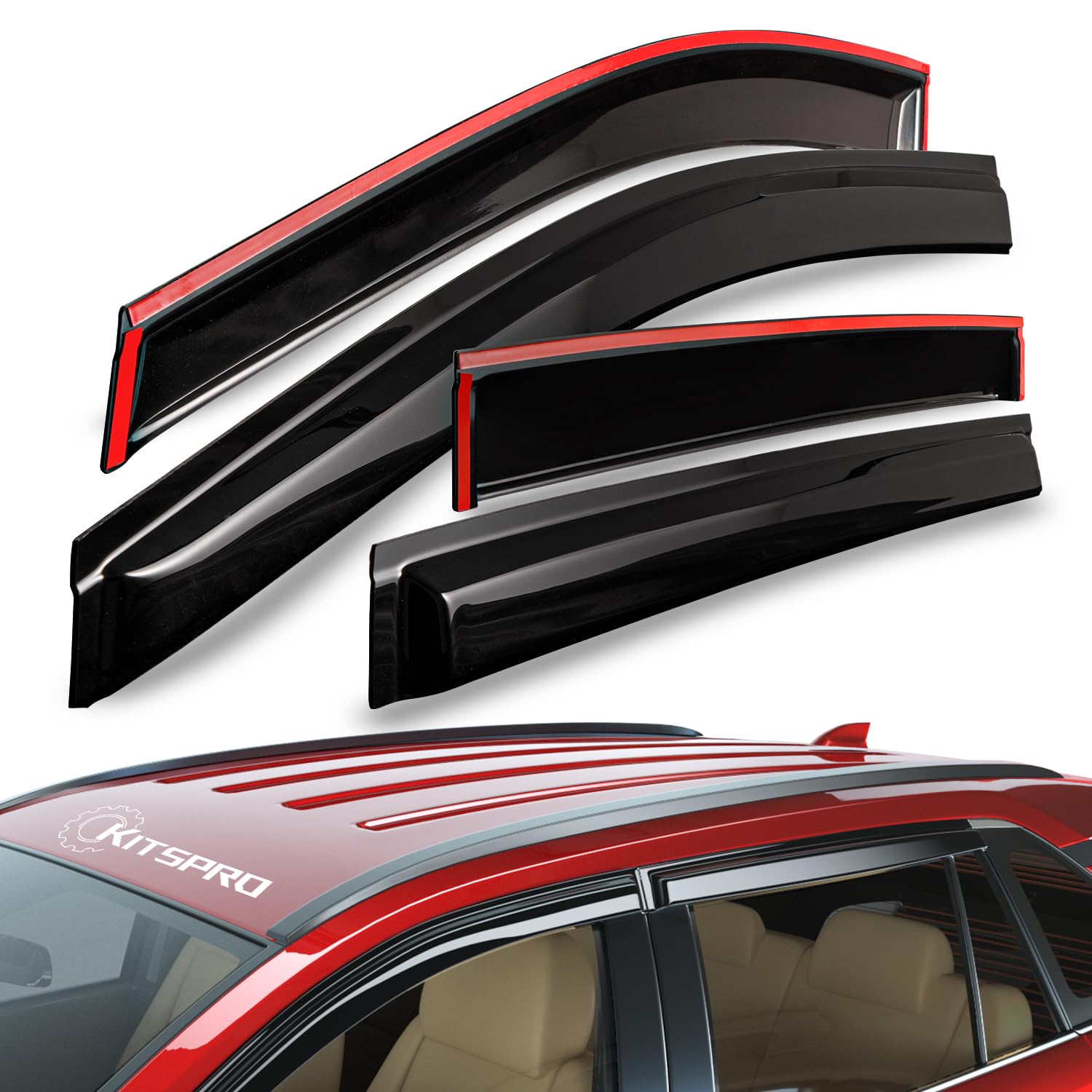 KitsPro Side Window Rain Guards for 2013-2019 Ford Escape, Gloss Black Tape-On Window Deflectors Vent Visors, Set of 4