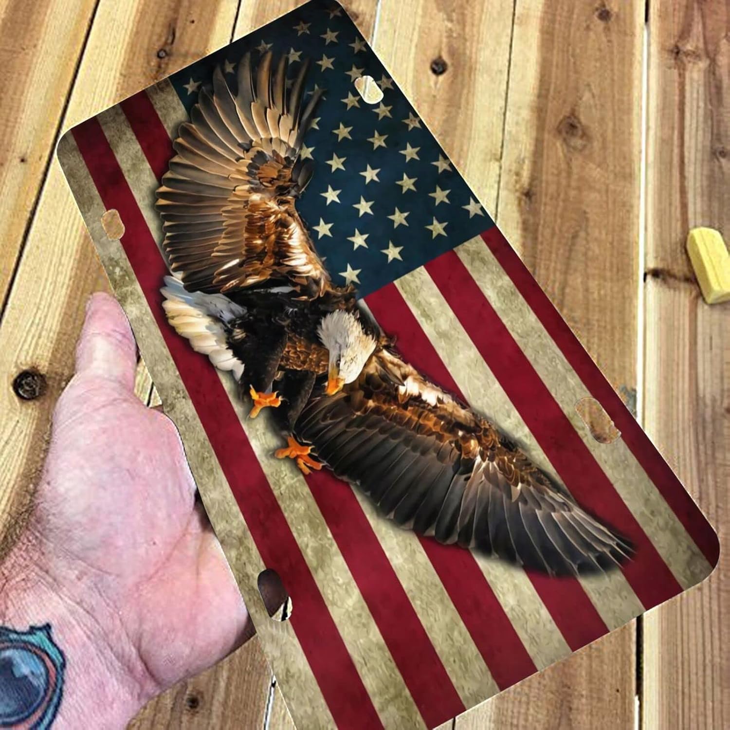 Eagle and American Flag Front License Plate Aluminum Decorative License Plates Funny Metal Car Plate 6"X12" Novelty Vanity Tag Cover with 4 Holes Car Decor Accessory