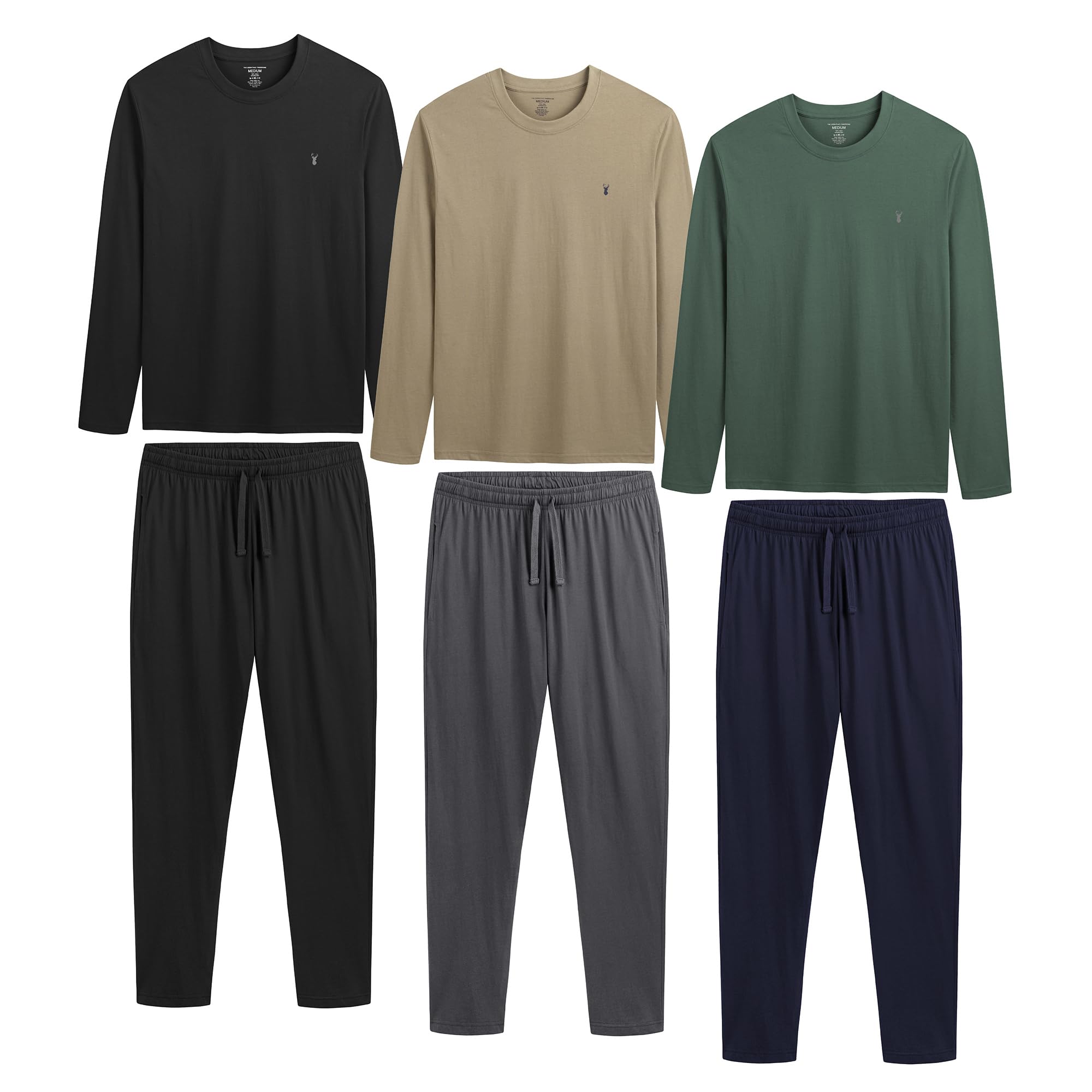 The Essentials Wardrobe 3PK Mens Long Sleeved Long Pyjamas Set - Khaki/Blue- Medium