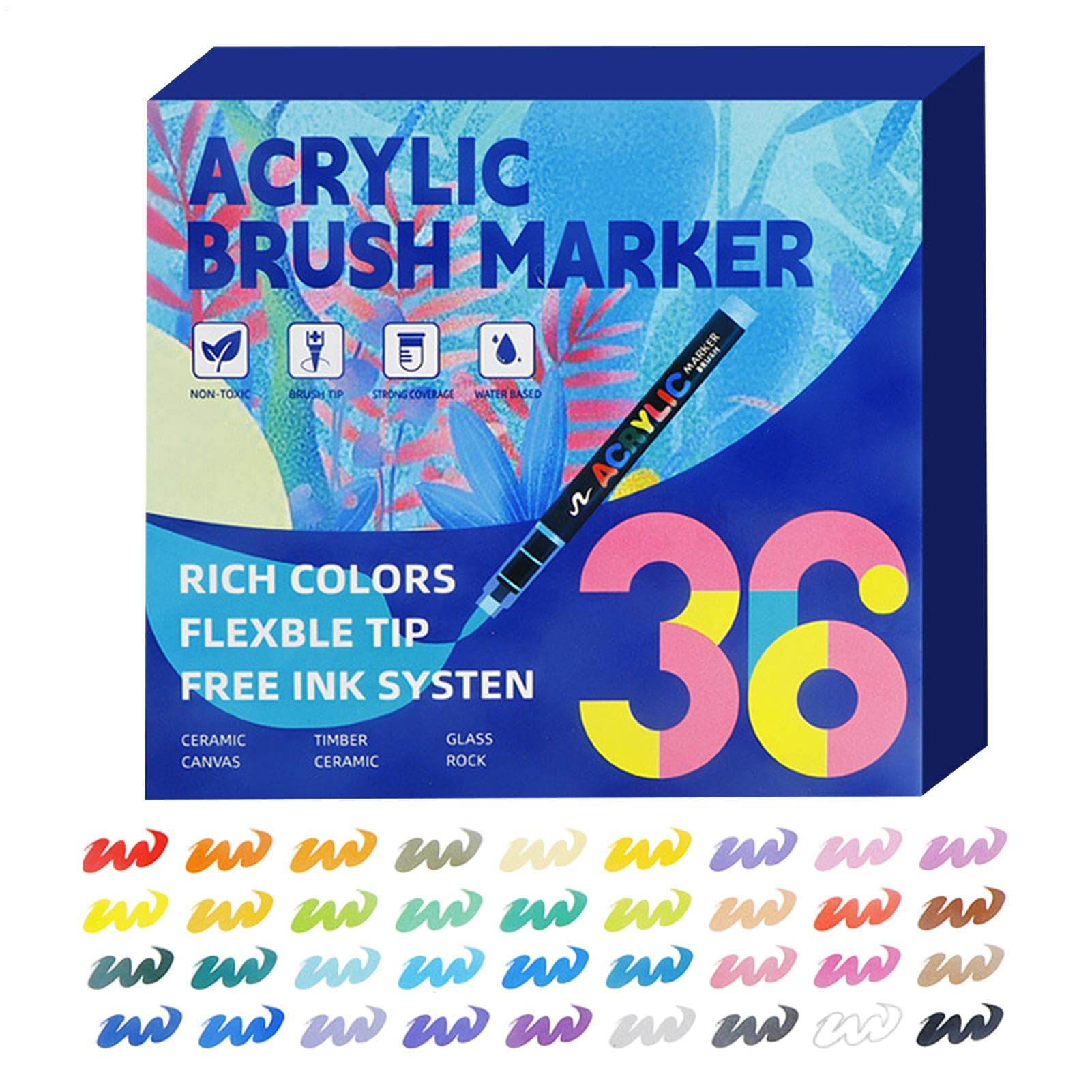 Acrylic Brush Markers, 36 Colours Art Supplies DIY Waterproof Pens, Acrylic Markers Brush Tip – For Rock Fabric, Wood, Glass, Ceramic, Canvas, Drawing, Colouring, School, Adults