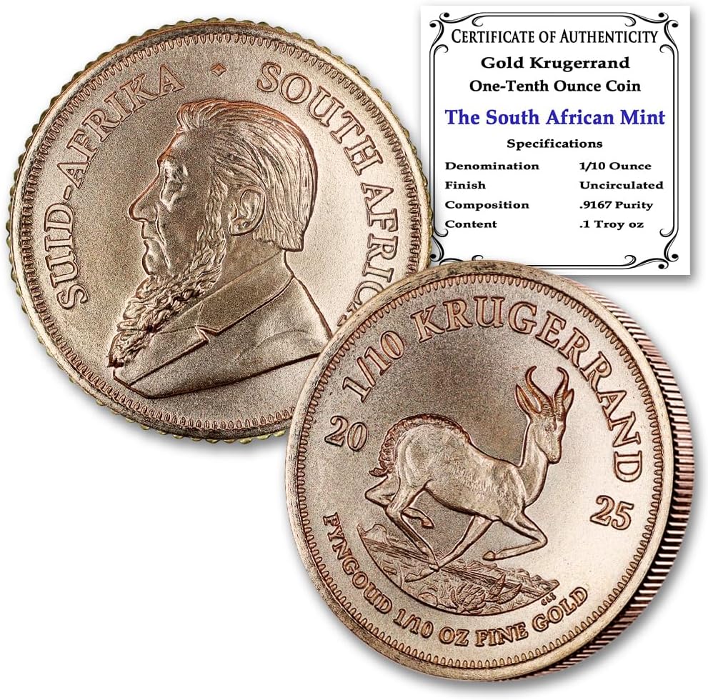 2025 1/10 oz South African Gold Krugerrand Coin Brilliant Uncirculated with Certificate of Authenticity 1/10 Rand BU