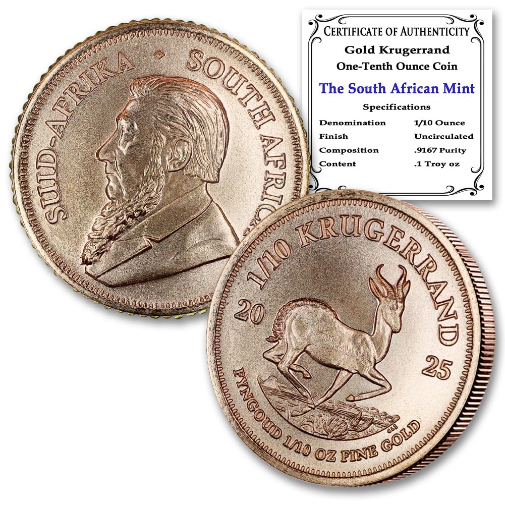 2025 1/10 oz South African Gold Krugerrand Coin Brilliant Uncirculated with Certificate of Authenticity 1/10 Rand BU