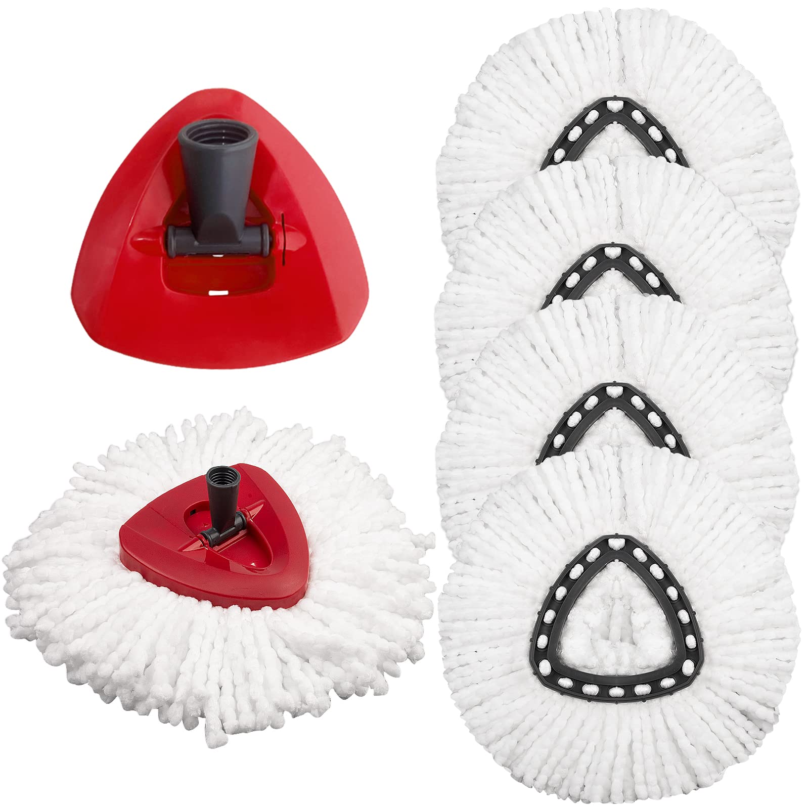 Spin Mop Replacement Head for EasyWring, 4 Pack Mop Head Refill for 1 Tank System - Includes 1 Rotating Mop Base - Microfiber Triangle Spin Mop Head Compatible with Ocedar EasyWring Cleaning - White