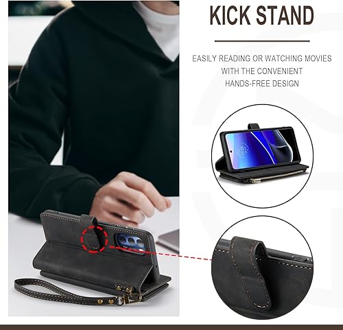 Miniatura 5 de Kowauri Funda para Moto G Stylus 5G 2022, piel sintética, tipo cartera, con cremallera, bolsillo para tarjetas, a prueba de golpes, funda protectora